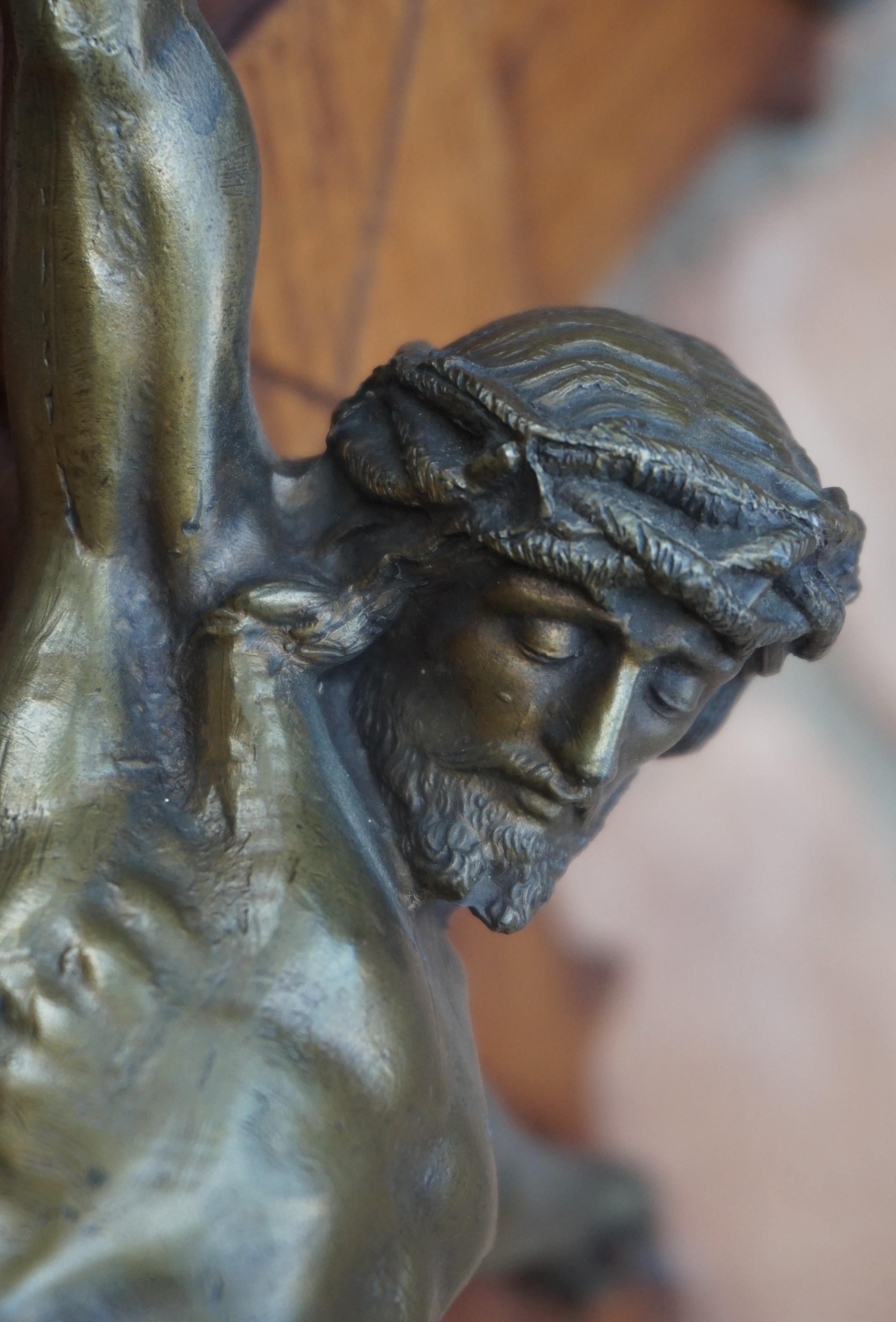 Crucifix with Crown of Thorns Style Wooden Cross and Bronze Patinated Corpus 11