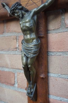 Crucifix with Crown of Thorns Style Wooden Cross and Bronze Patinated Corpus