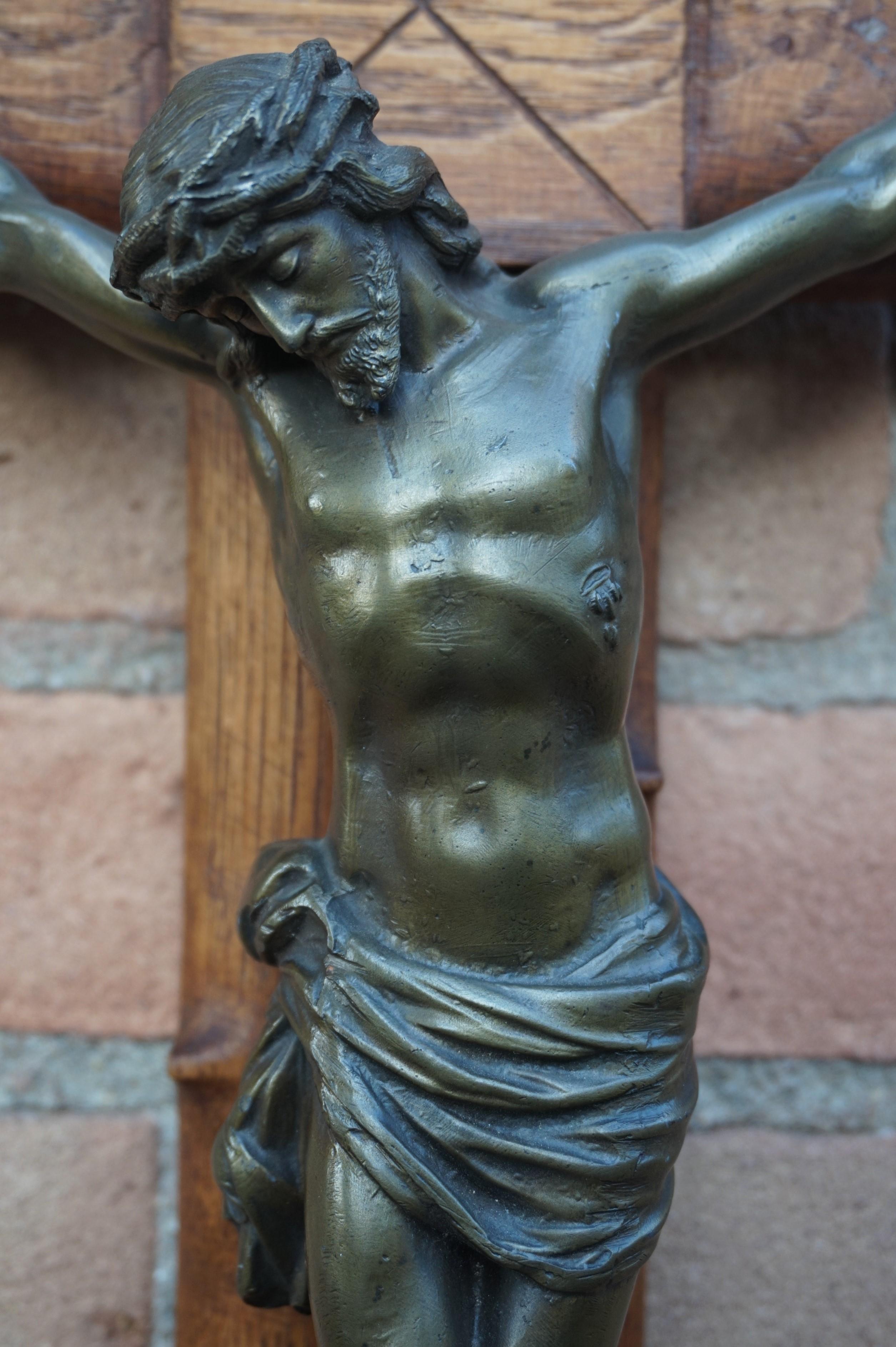 European Crucifix with Crown of Thorns Style Wooden Cross and Bronze Patinated Corpus