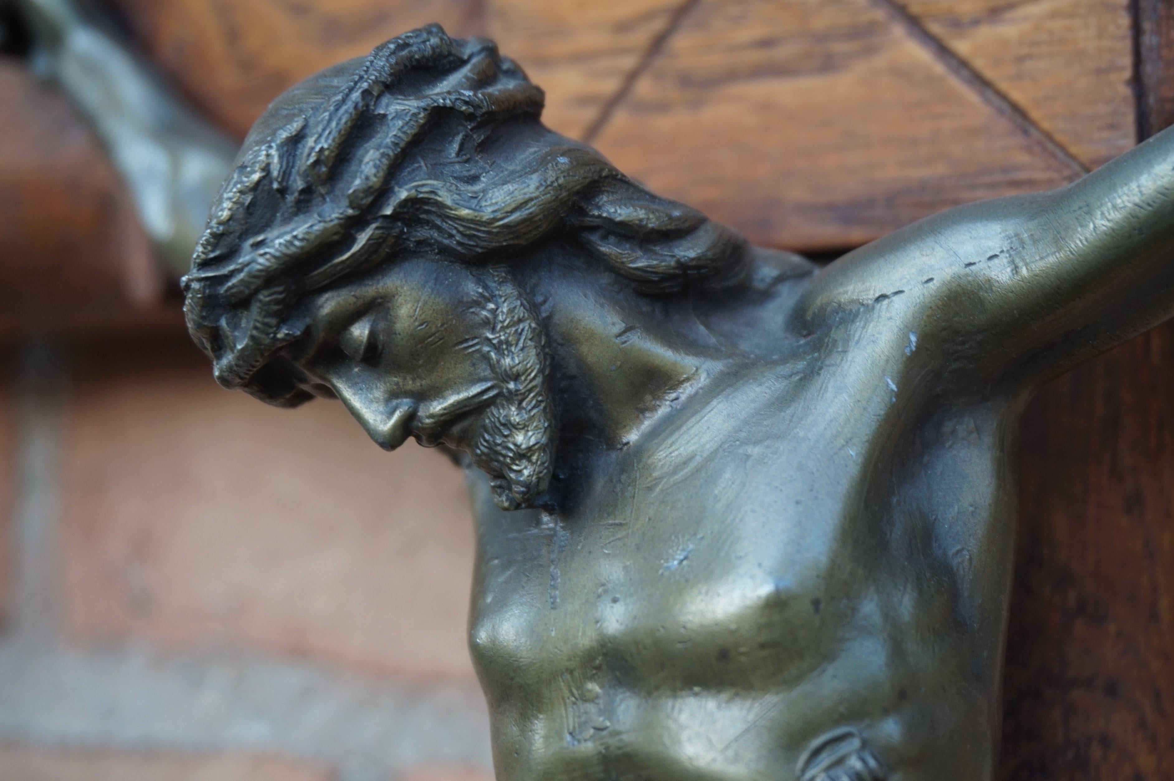 Bronzed Crucifix with Crown of Thorns Style Wooden Cross and Bronze Patinated Corpus