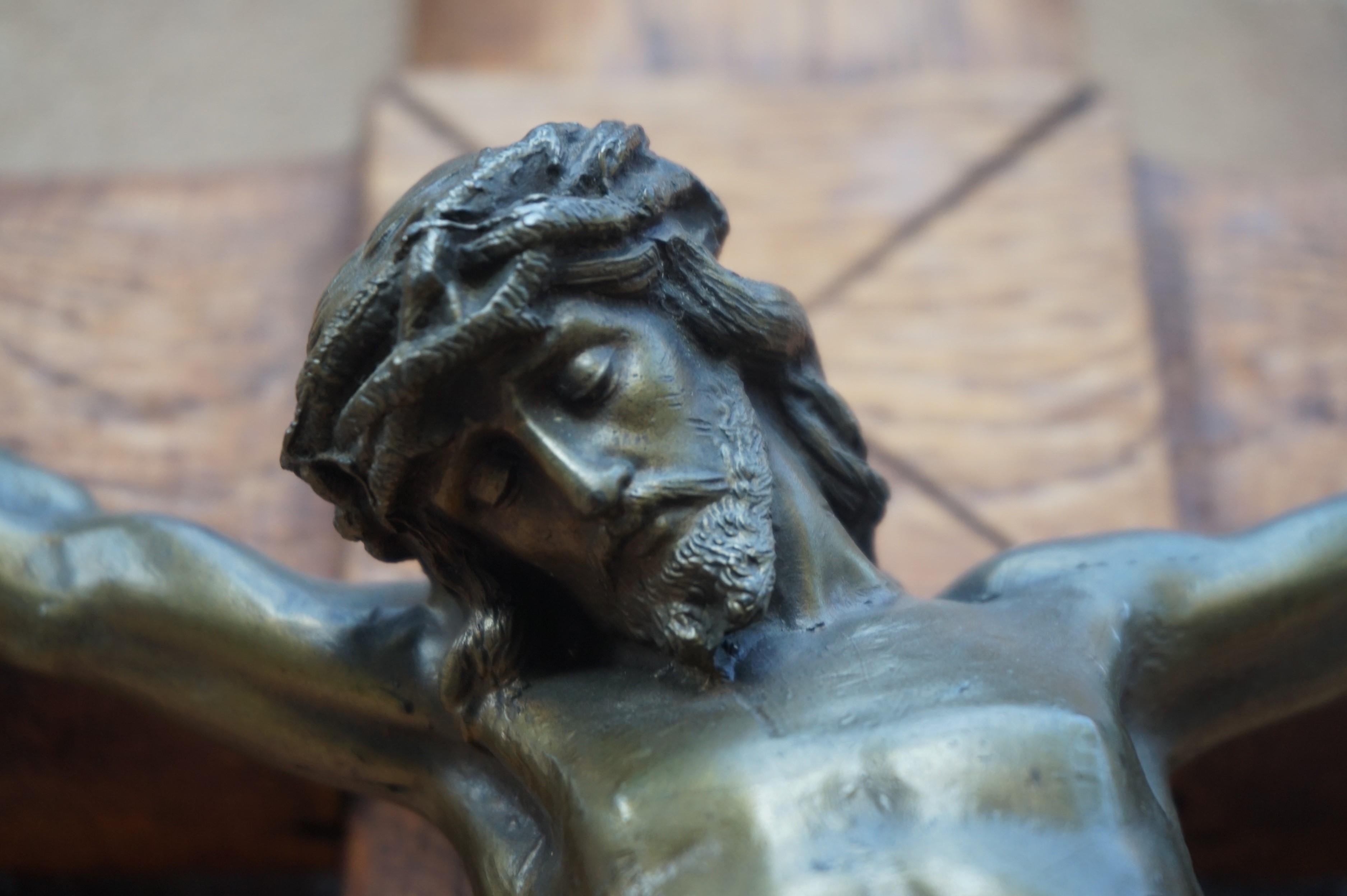 Crucifix with Crown of Thorns Style Wooden Cross and Bronze Patinated Corpus In Excellent Condition In Lisse, NL