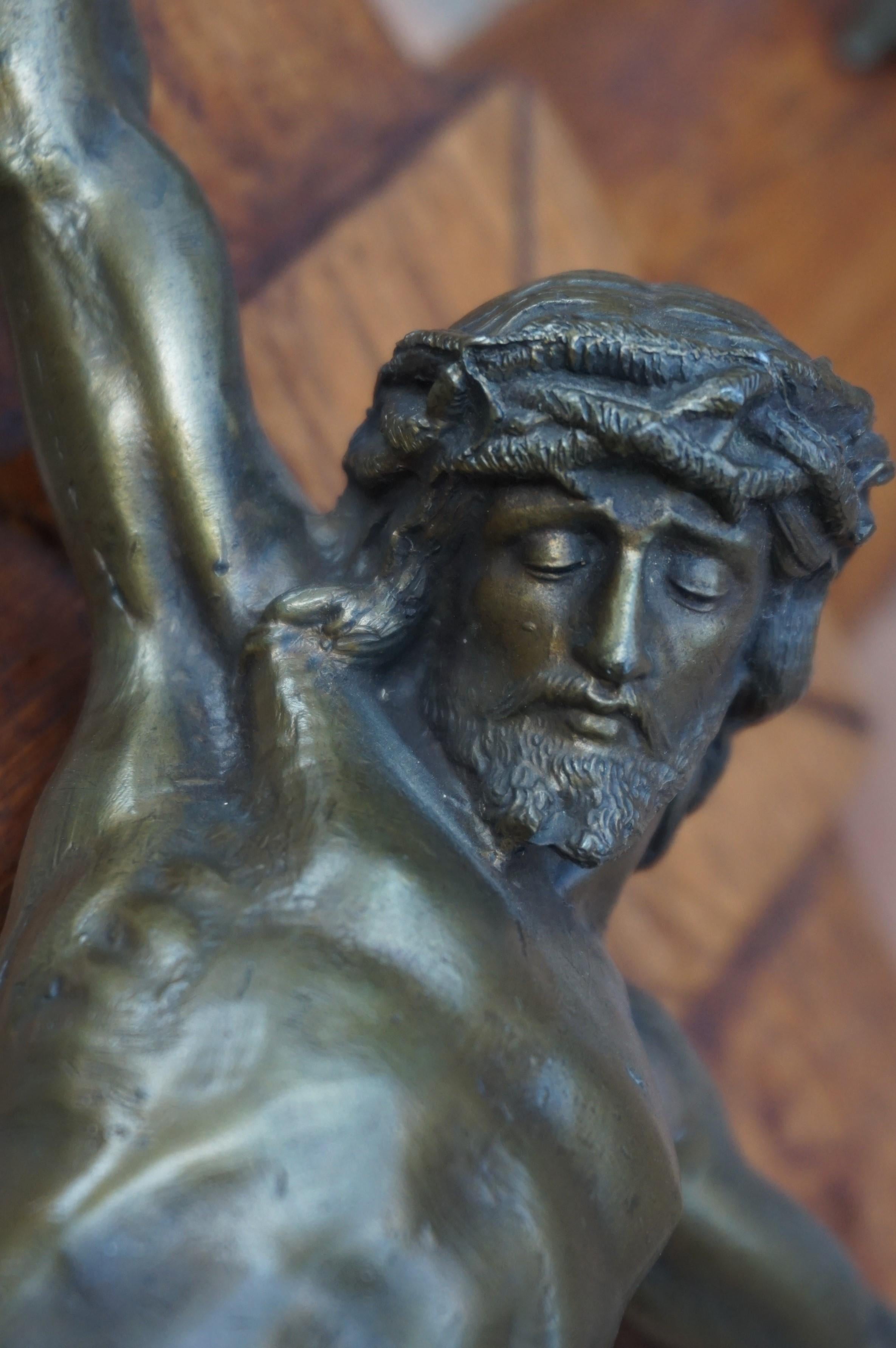 20th Century Crucifix with Crown of Thorns Style Wooden Cross and Bronze Patinated Corpus