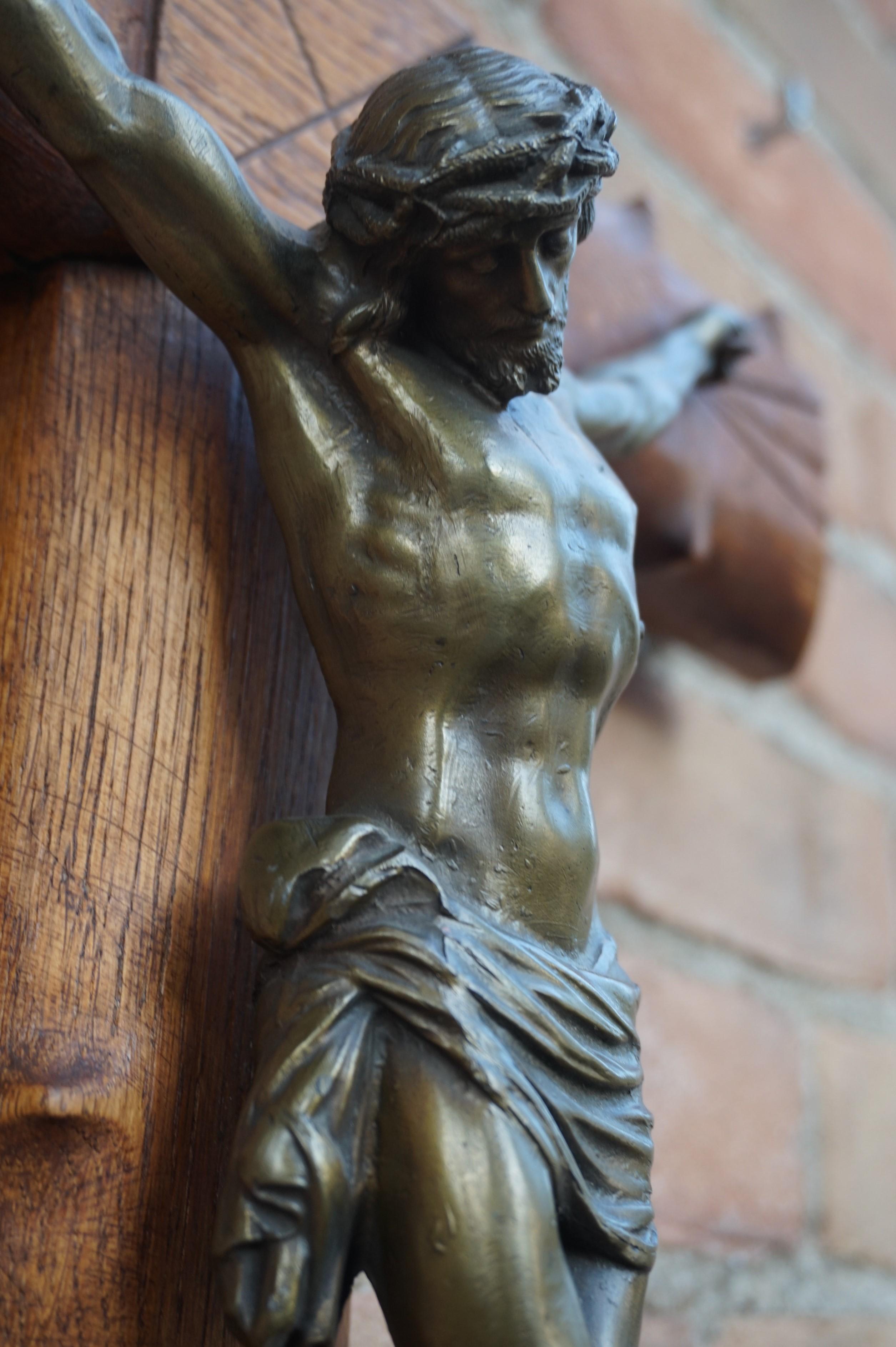 Spelter Crucifix with Crown of Thorns Style Wooden Cross and Bronze Patinated Corpus
