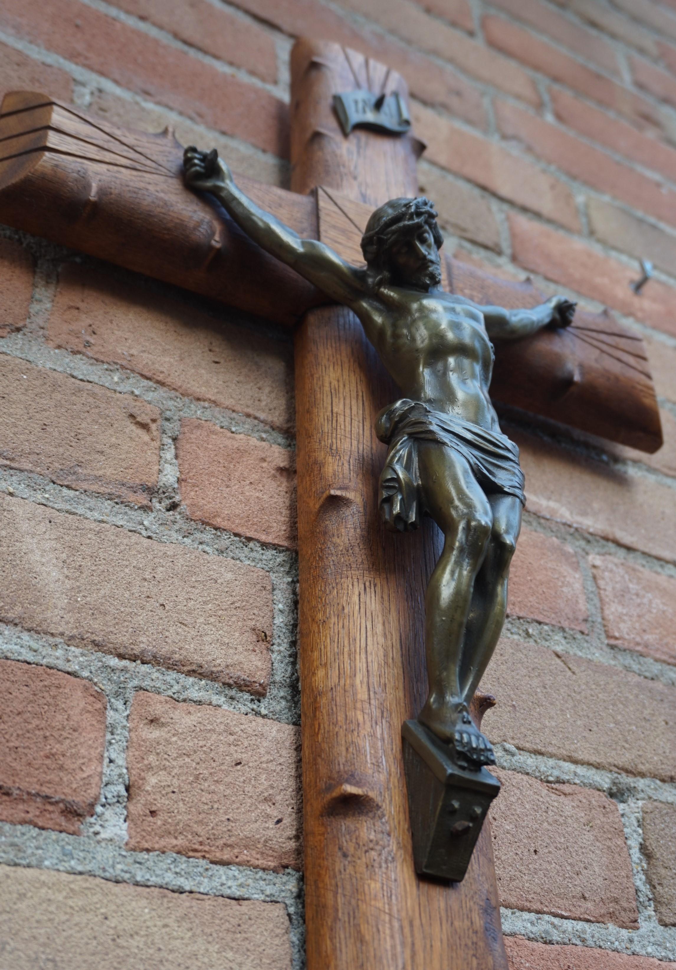 Crucifix with Crown of Thorns Style Wooden Cross and Bronze Patinated Corpus 1