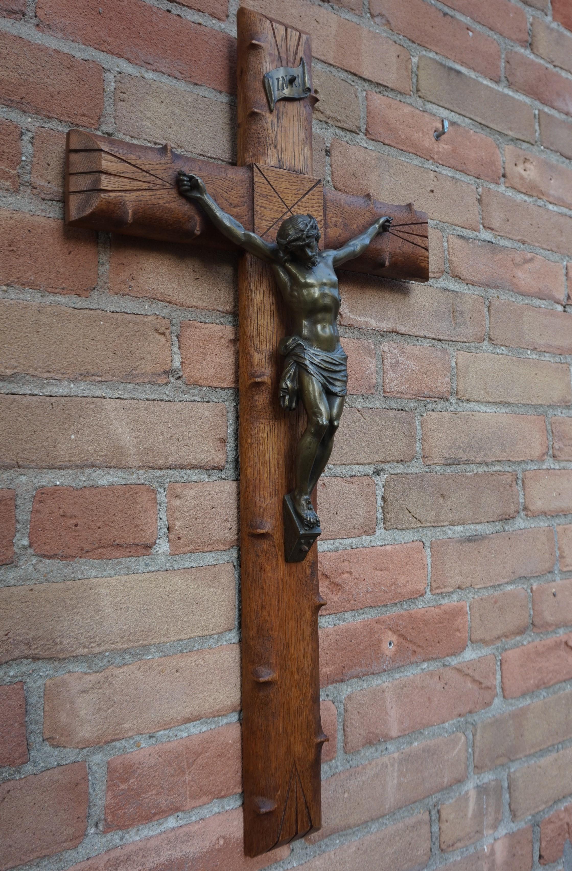 Crucifix with Crown of Thorns Style Wooden Cross and Bronze Patinated Corpus 2