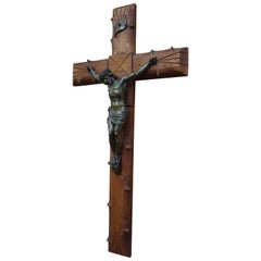 Antique Crucifix with Crown of Thorns Style Wooden Cross and Bronze Patinated Corpus