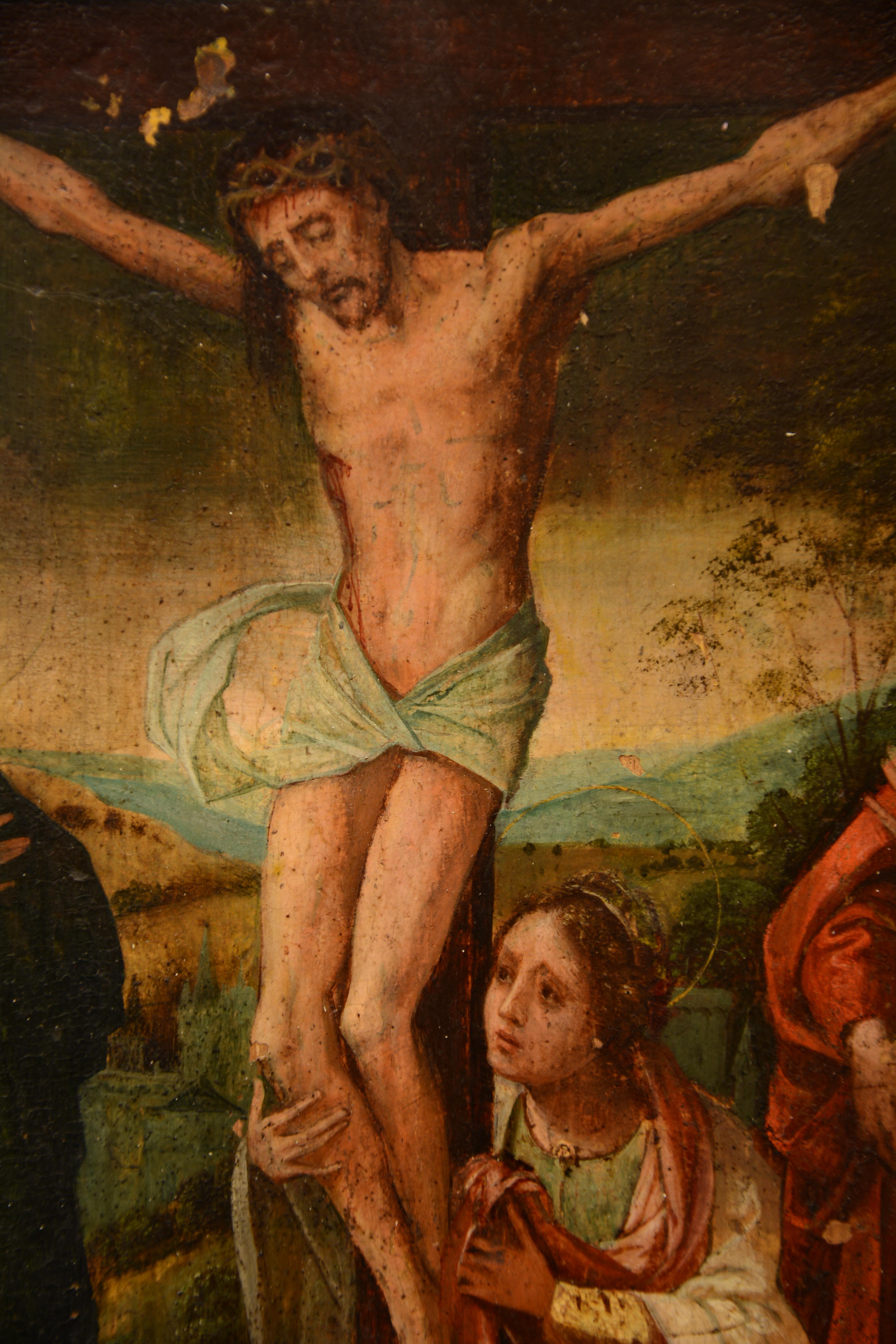 18th Century and Earlier Crucifixion, Oil on Panel, Spanish-Flemish School, 16th Century