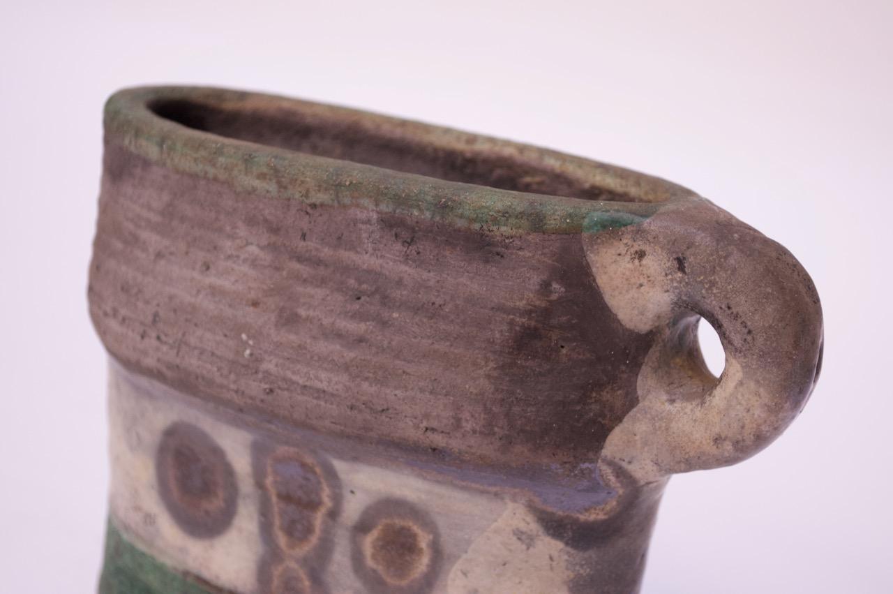Crude / Primitive Stoneware Vase with Handle Signed 