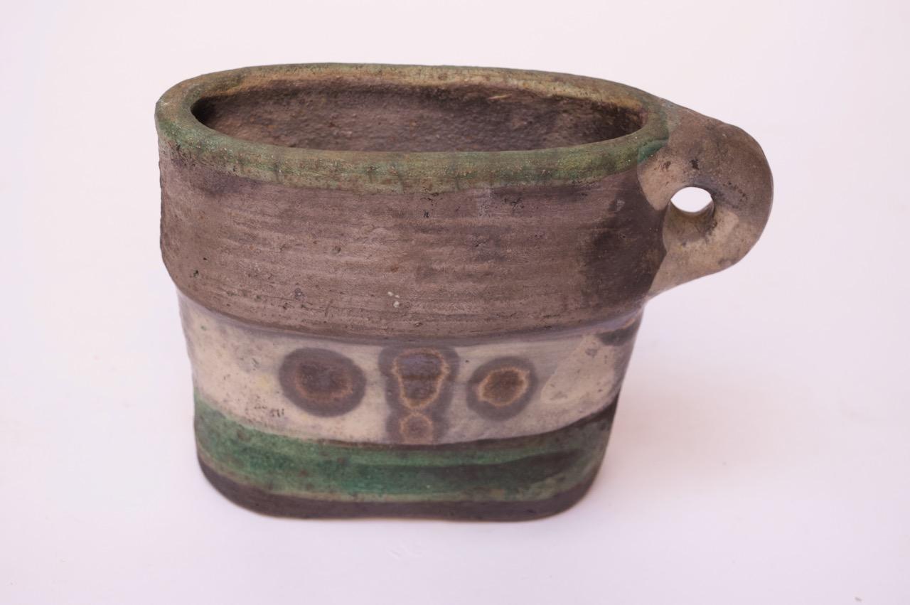 American Crude / Primitive Stoneware Vase with Handle Signed 