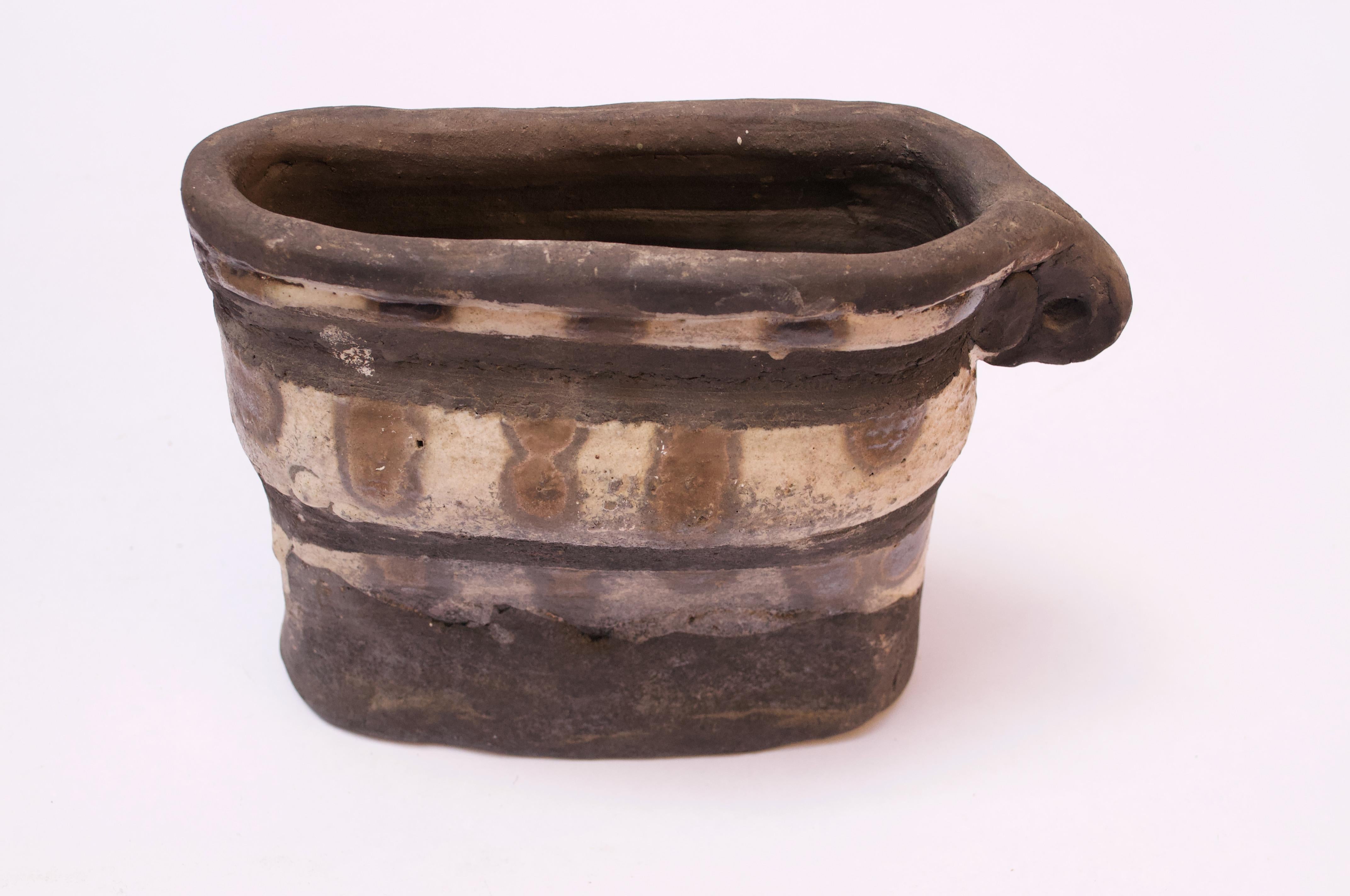 Mid-Century Modern Crude Studio Stoneware Vase with Handle Signed 