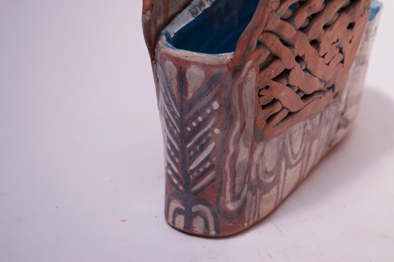 Crude Terracotta Catch-All / Vase with Applied Details Signed For Sale 9