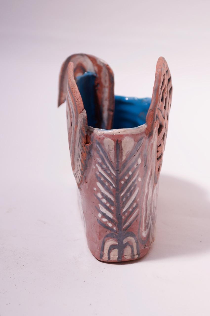 Crude Terracotta Catch-All / Vase with Applied Details Signed In Good Condition For Sale In Brooklyn, NY