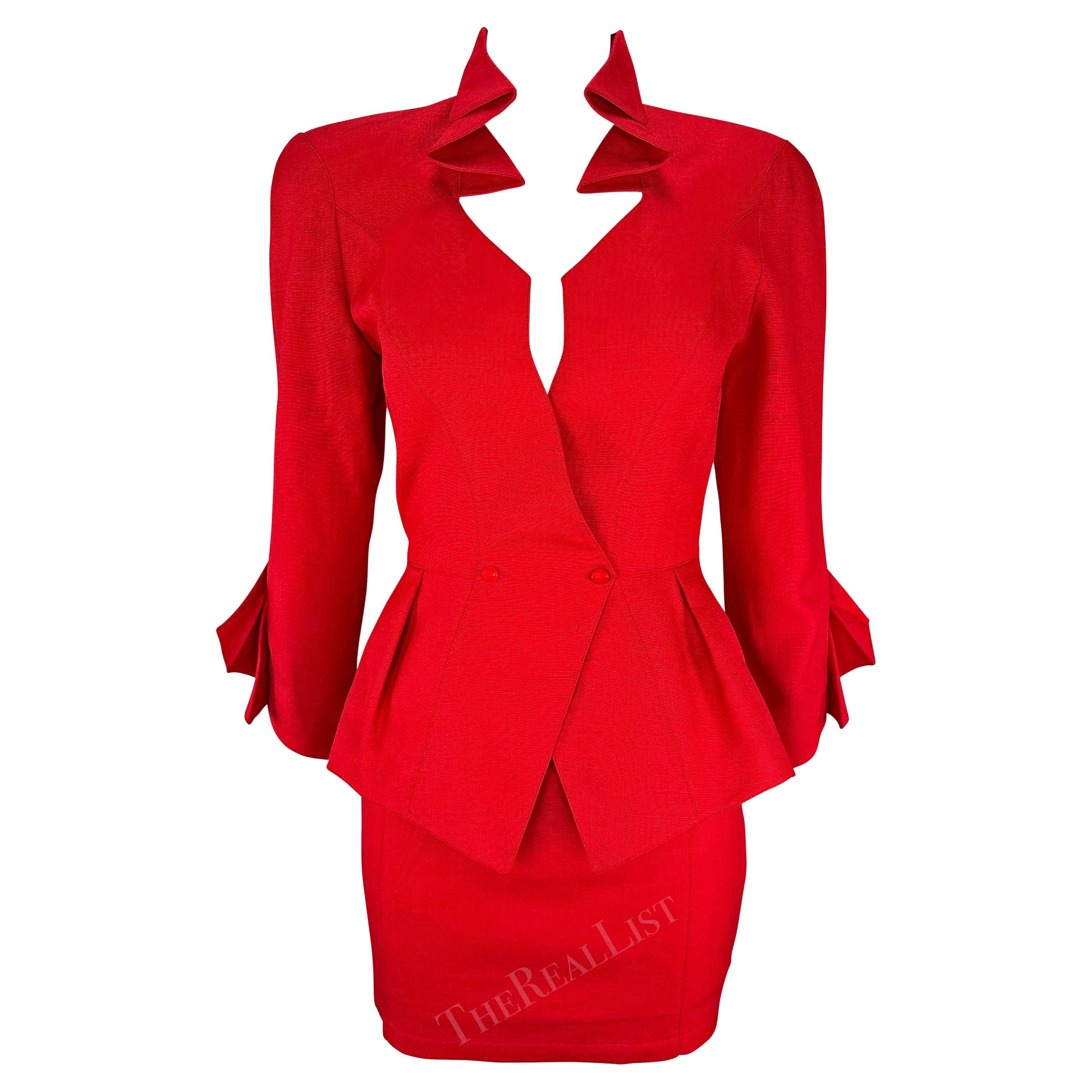 Cruise 1993 Thierry Mugler Runway Sculptural Fold Red Skirt Suit  For Sale