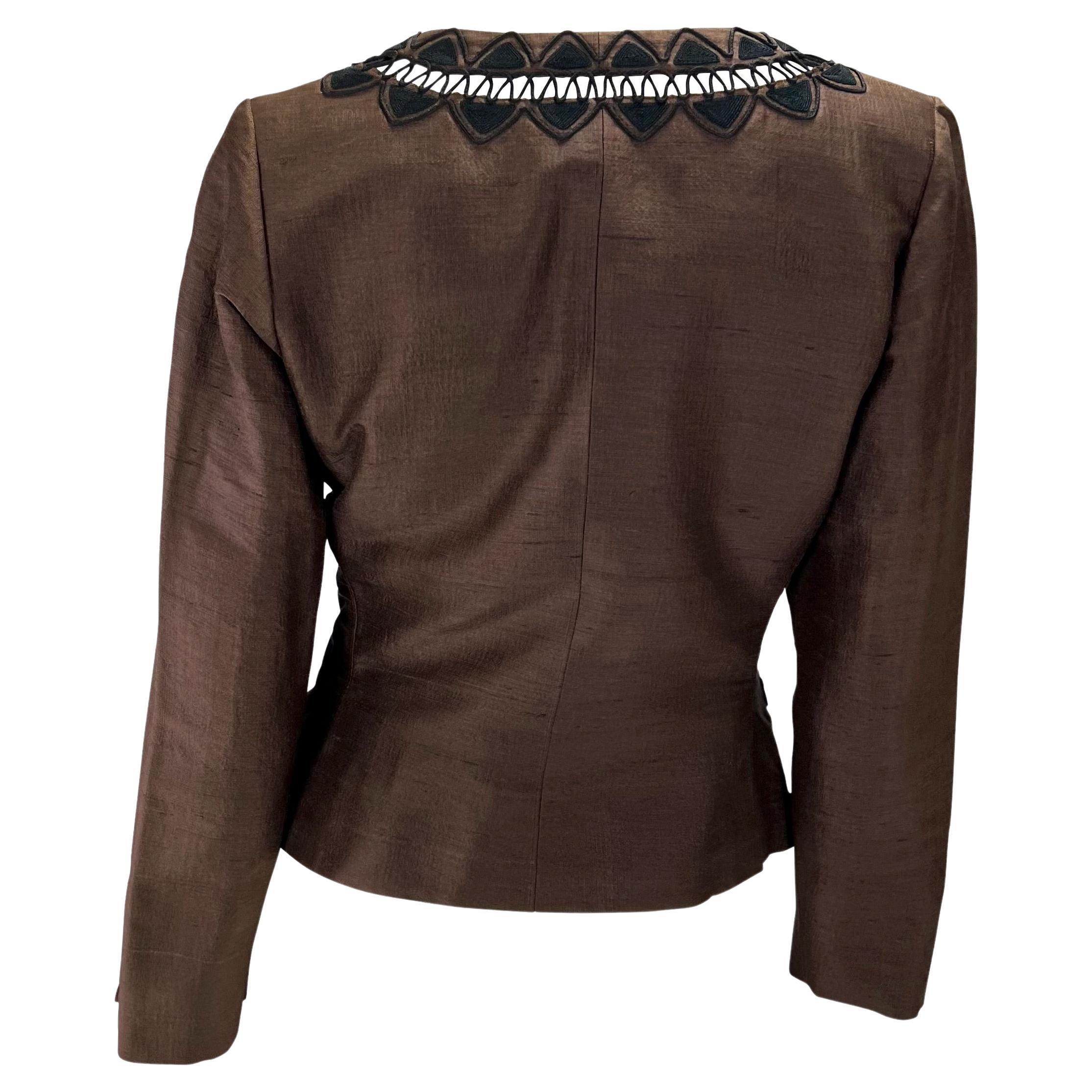 Cruise 1995 Yves Saint Laurent Rive Gauche Brown Silk Cropped Jacket In Good Condition For Sale In West Hollywood, CA
