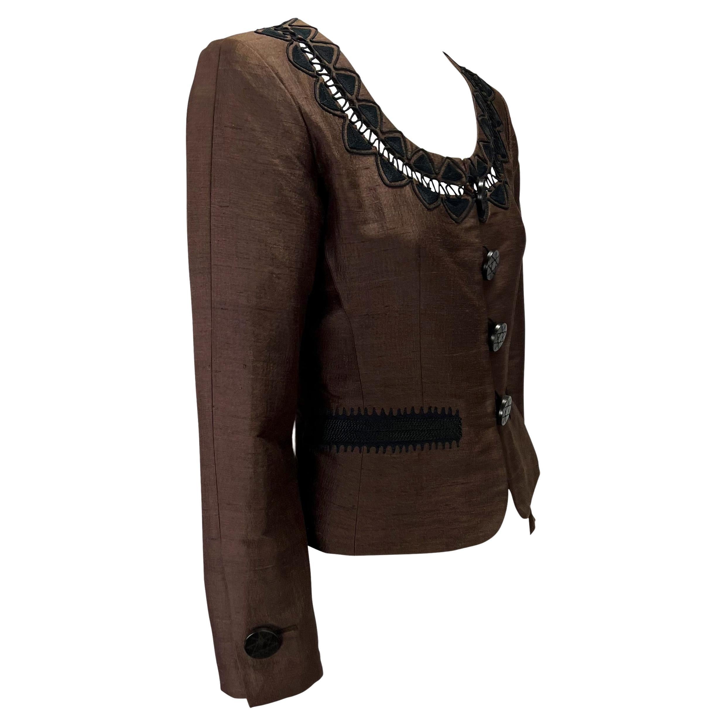Cruise 1995 Yves Saint Laurent Rive Gauche Brown Silk Cropped Jacket For Sale 1