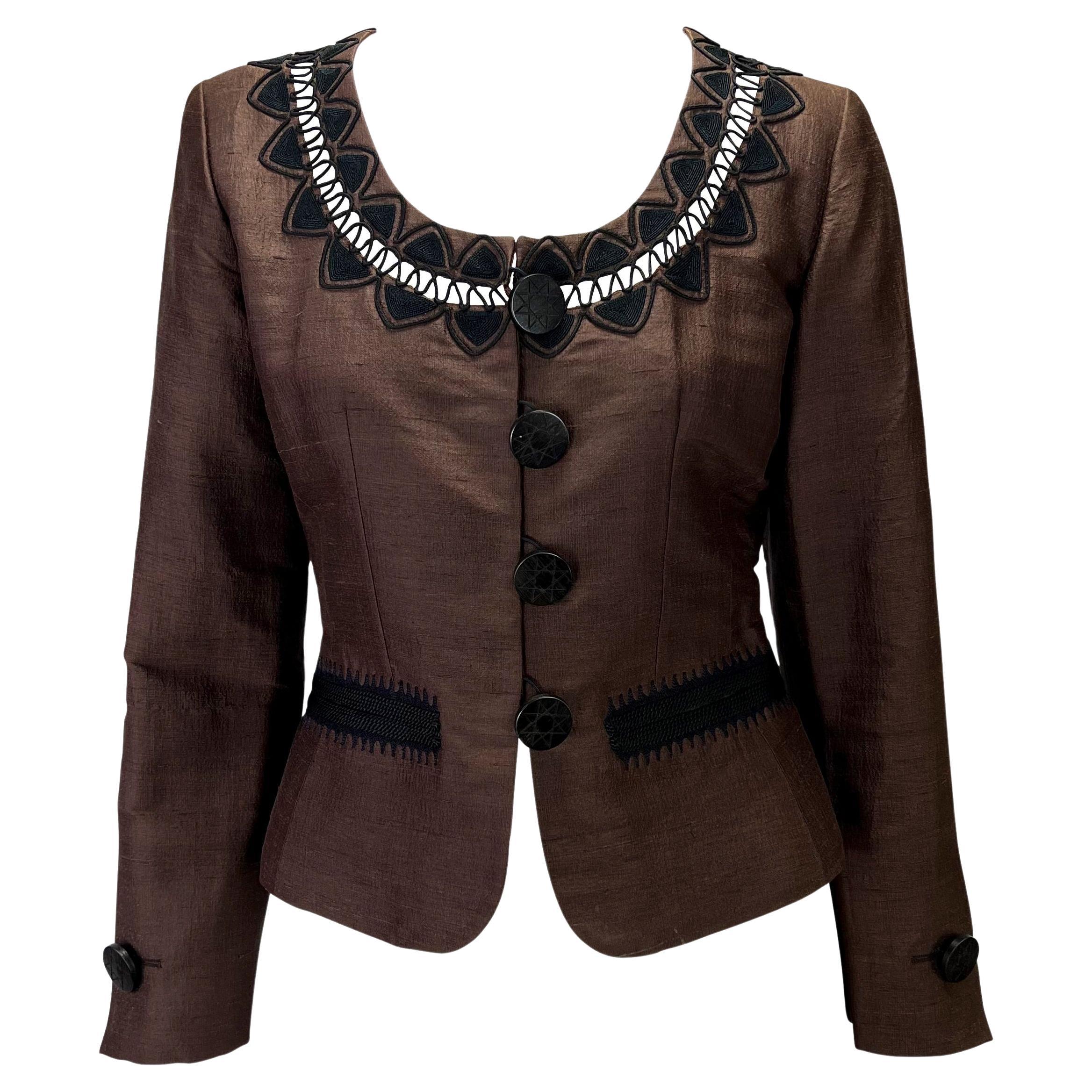 Cruise 1995 Yves Saint Laurent Rive Gauche Brown Silk Cropped Jacket For Sale