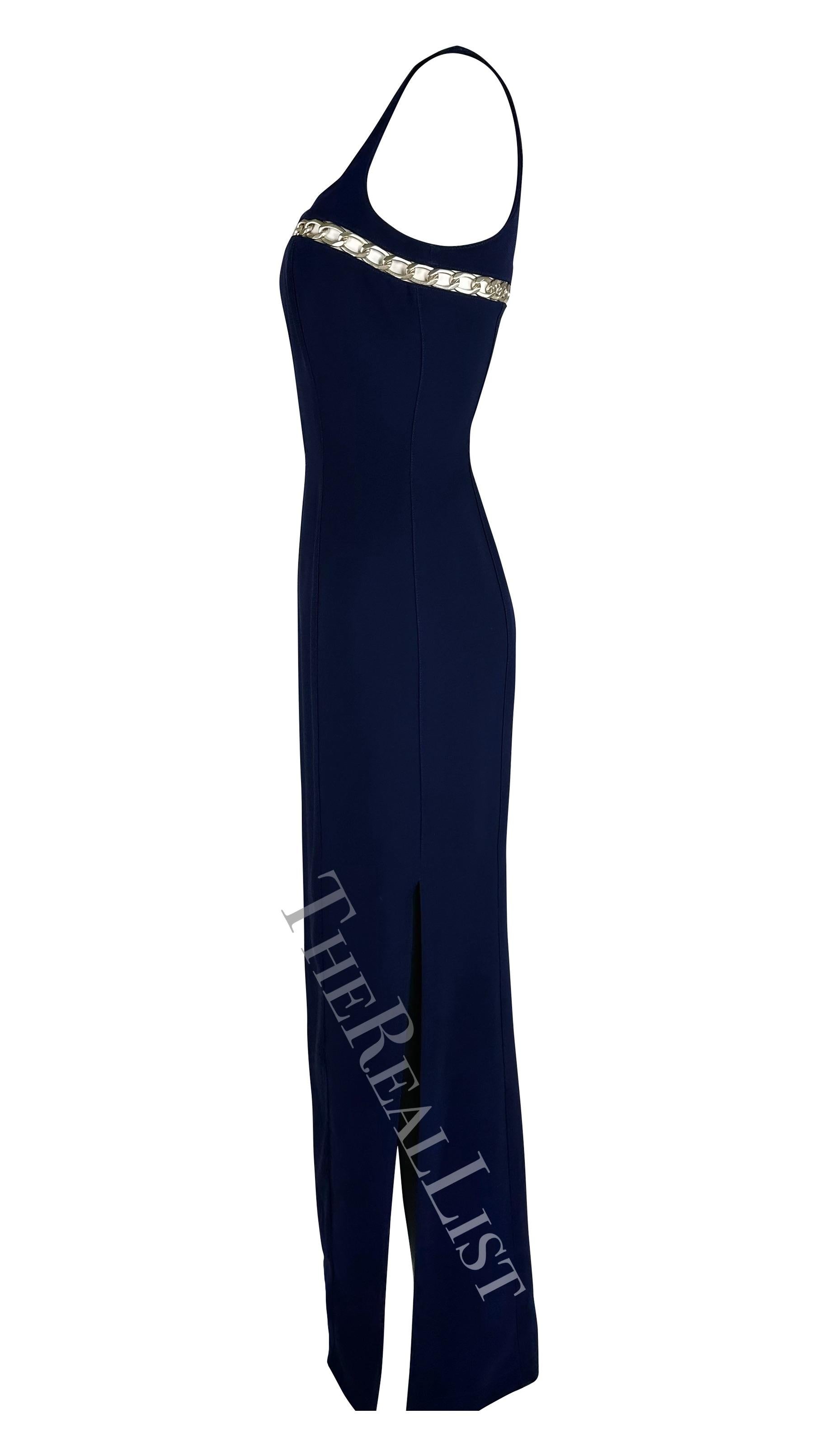 Cruise 1999 Thierry Mugler Navy Silver Chain Cutout Accent Slit Gown For Sale 6