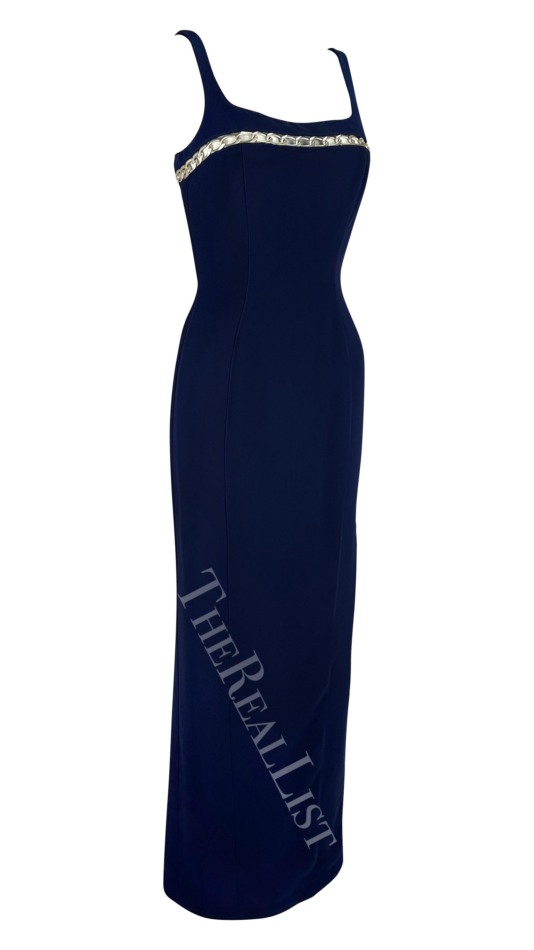 Women's Cruise 1999 Thierry Mugler Navy Silver Chain Cutout Accent Slit Gown For Sale