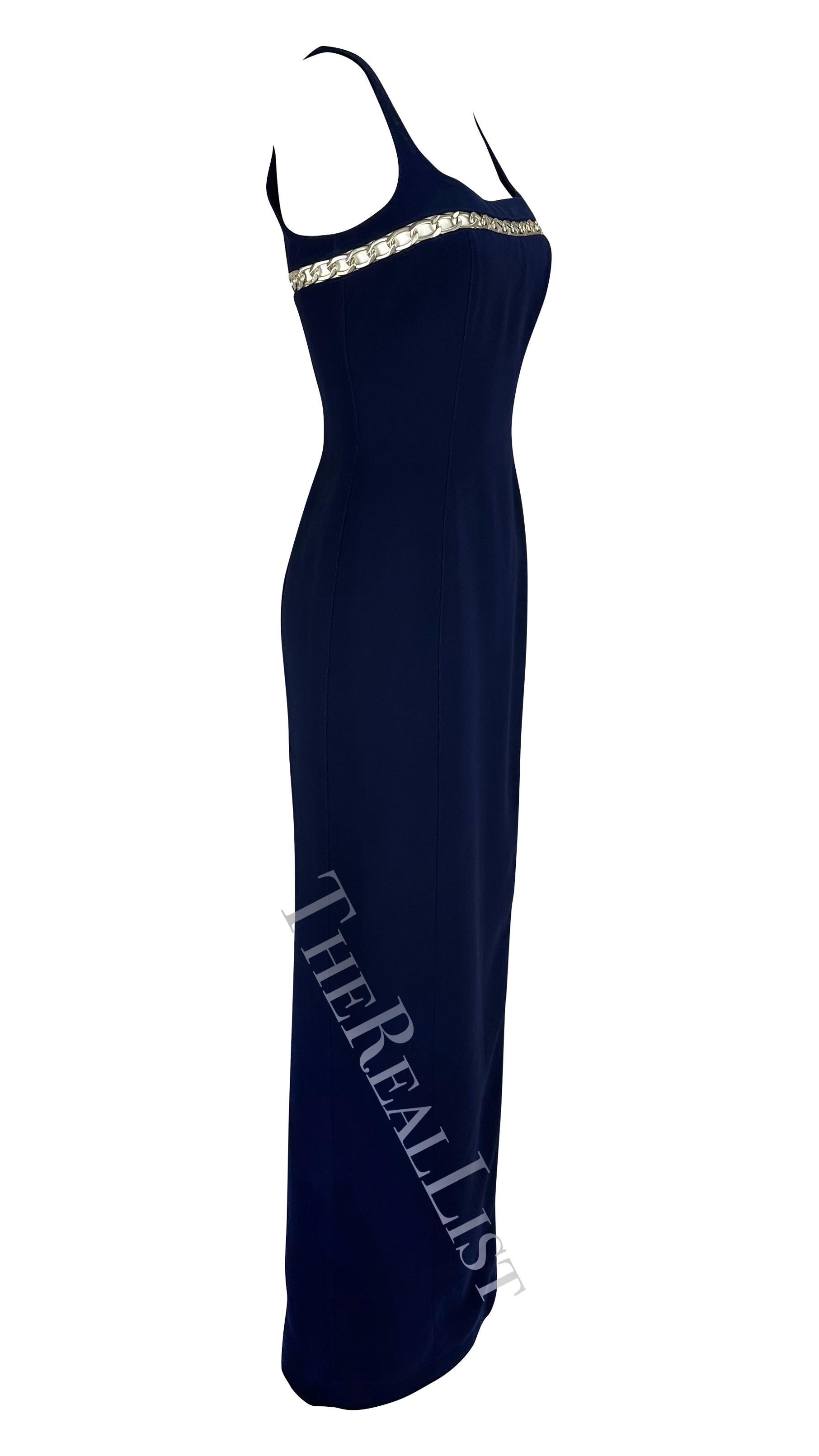 Cruise 1999 Thierry Mugler Navy Silver Chain Cutout Accent Slit Gown For Sale 1
