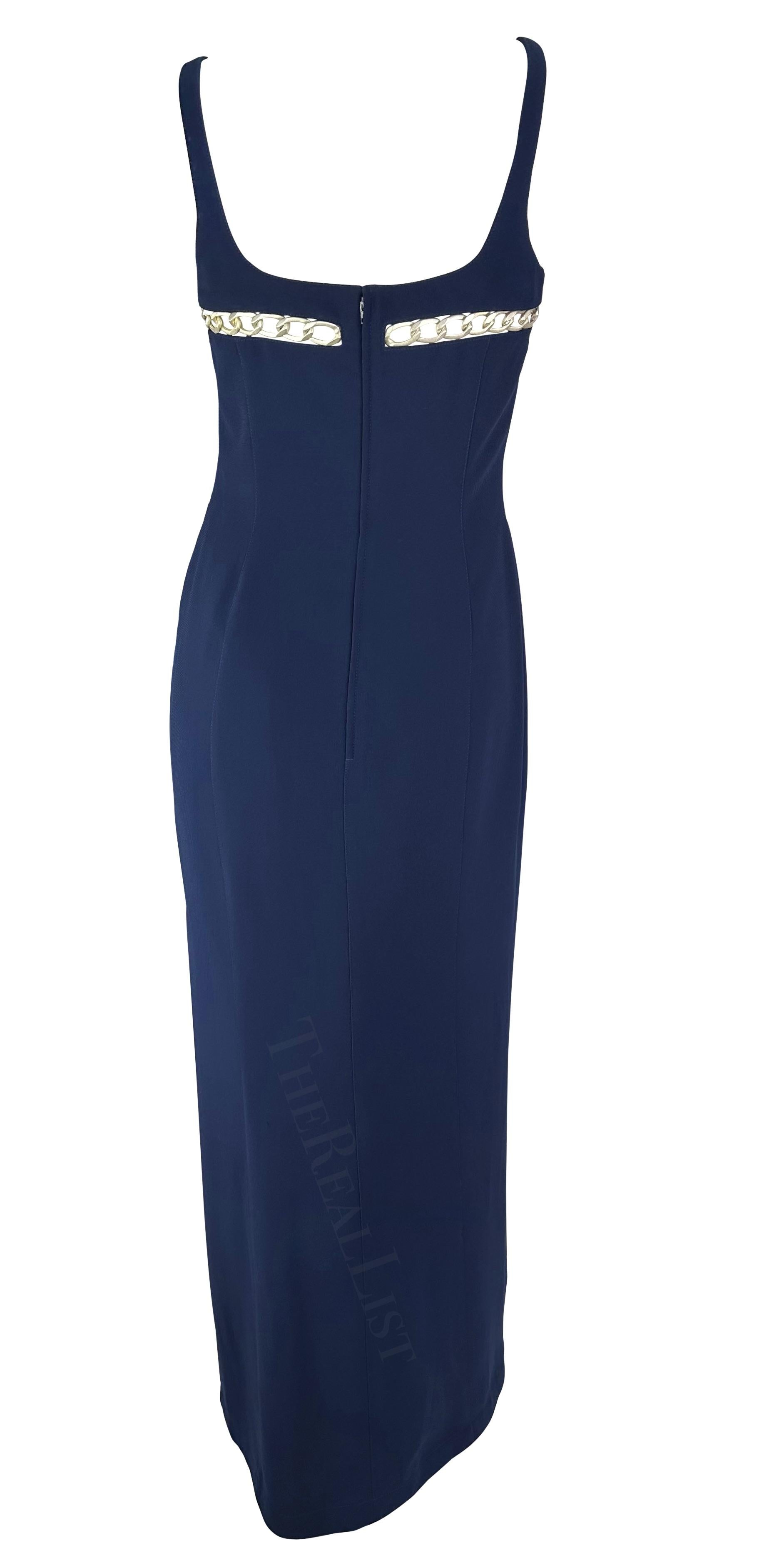 Women's Cruise 1999 Thierry Mugler Navy Silver Chain Cutout Accent Slit Gown For Sale