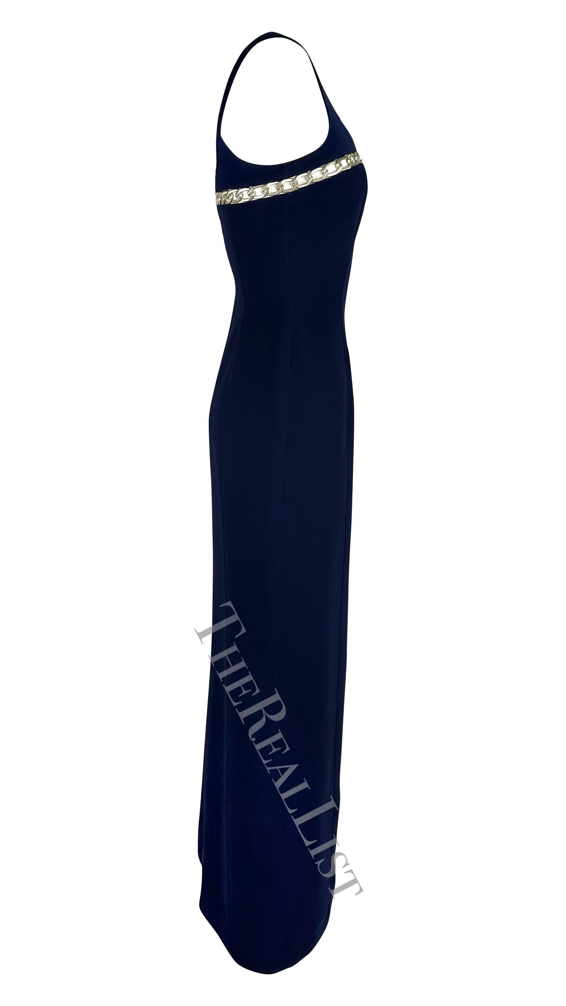 Cruise 1999 Thierry Mugler Navy Silver Chain Cutout Accent Slit Gown For Sale 2
