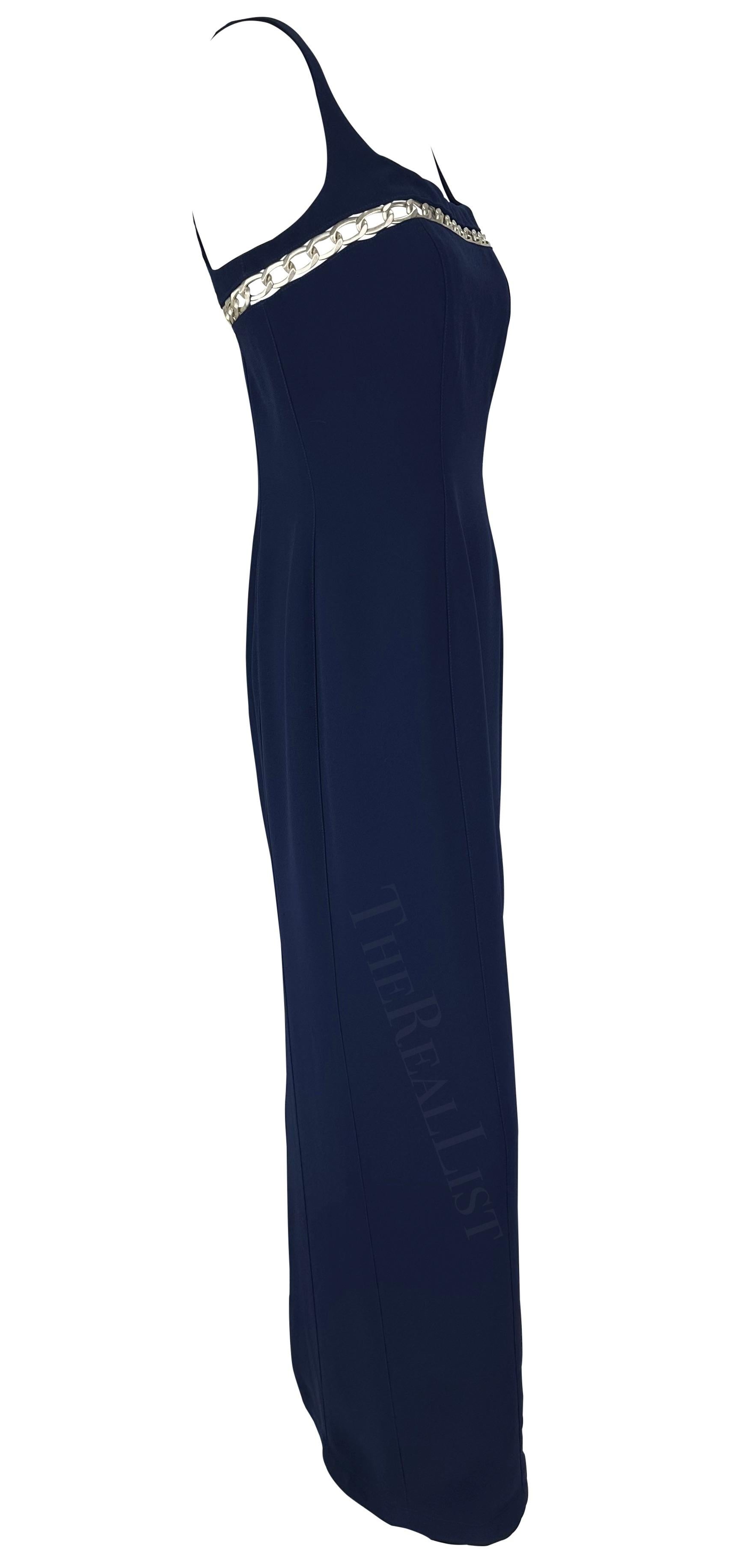 Cruise 1999 Thierry Mugler Navy Silver Chain Cutout Accent Slit Gown For Sale 1