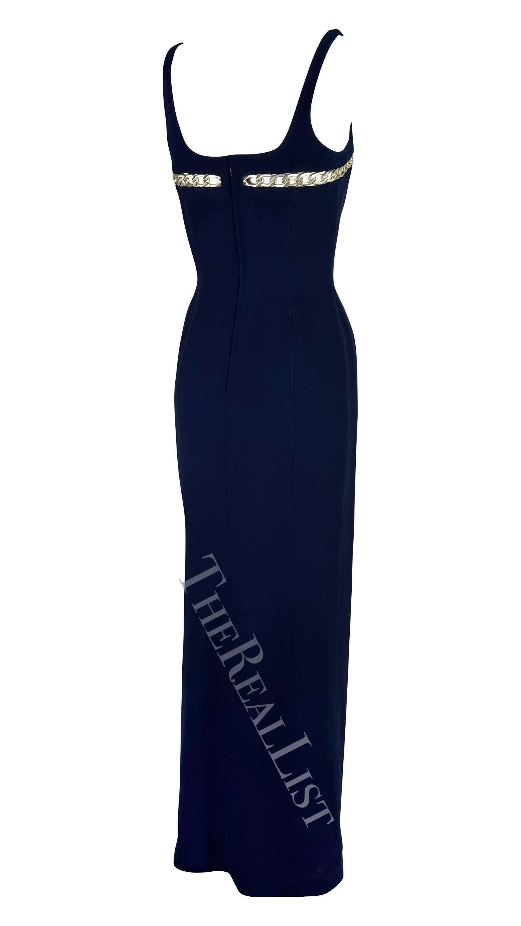 Cruise 1999 Thierry Mugler Navy Silver Chain Cutout Accent Slit Gown For Sale 3