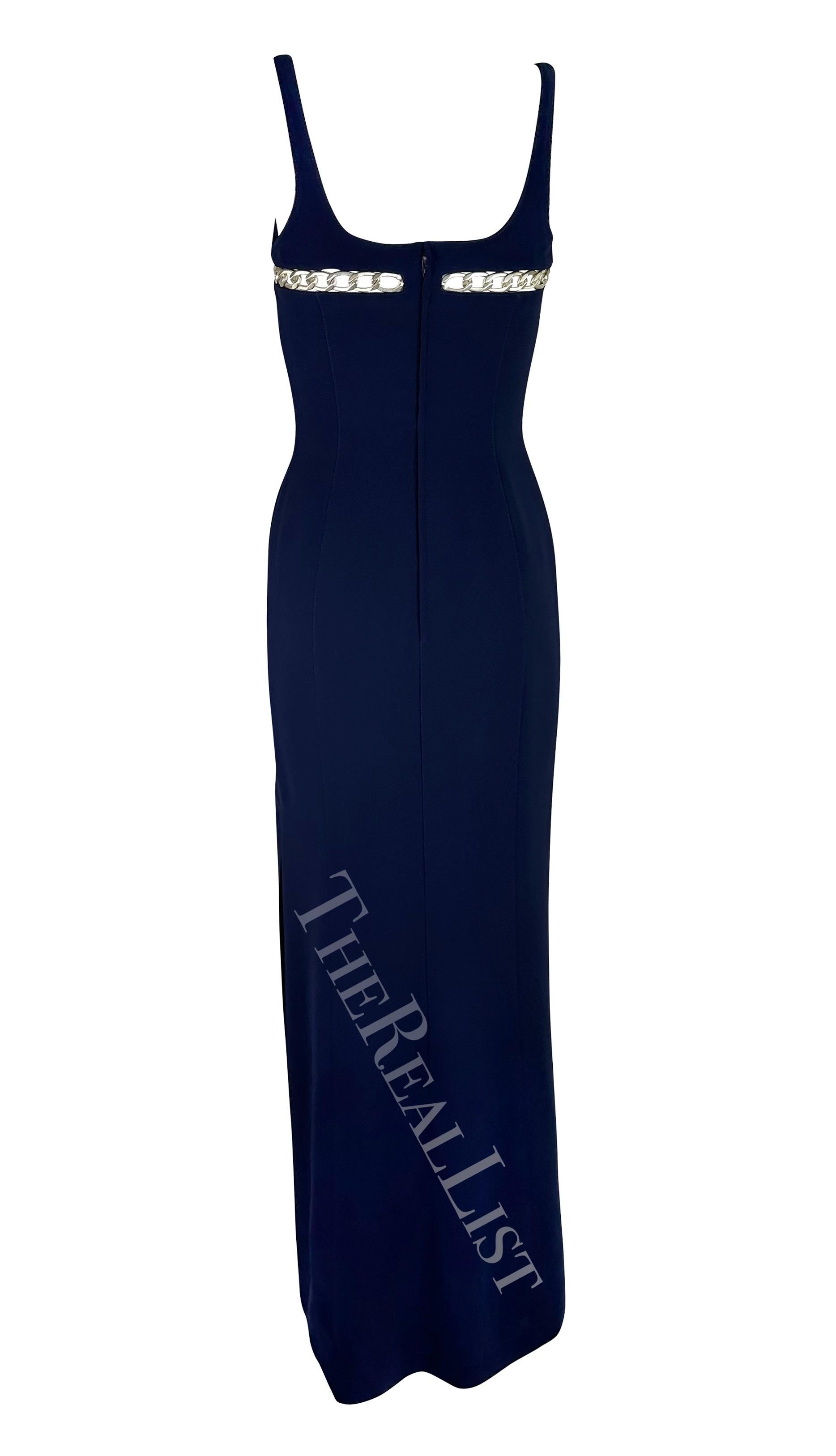 Cruise 1999 Thierry Mugler Navy Silver Chain Cutout Accent Slit Gown For Sale 4