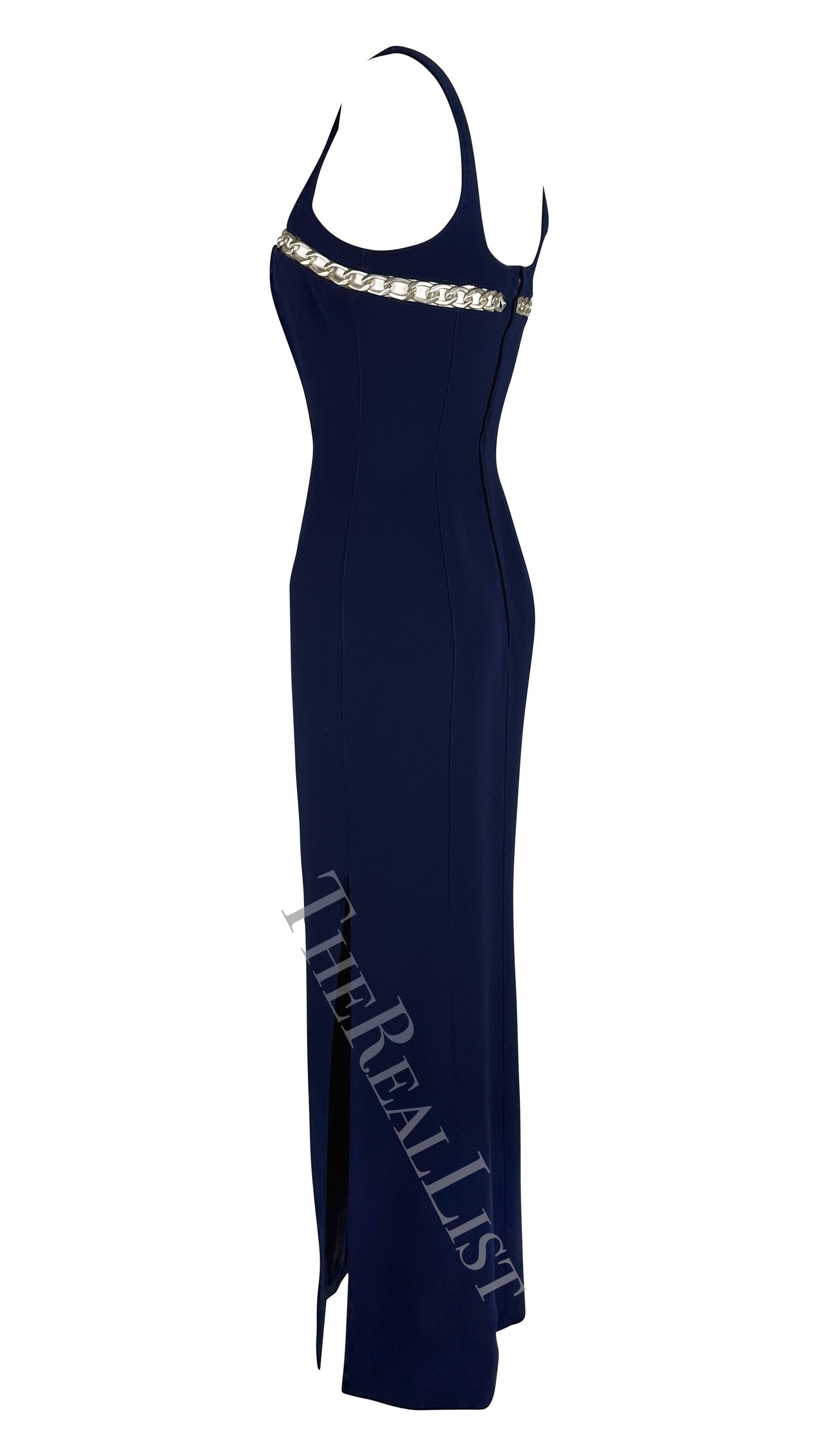 Cruise 1999 Thierry Mugler Navy Silver Chain Cutout Accent Slit Gown For Sale 5