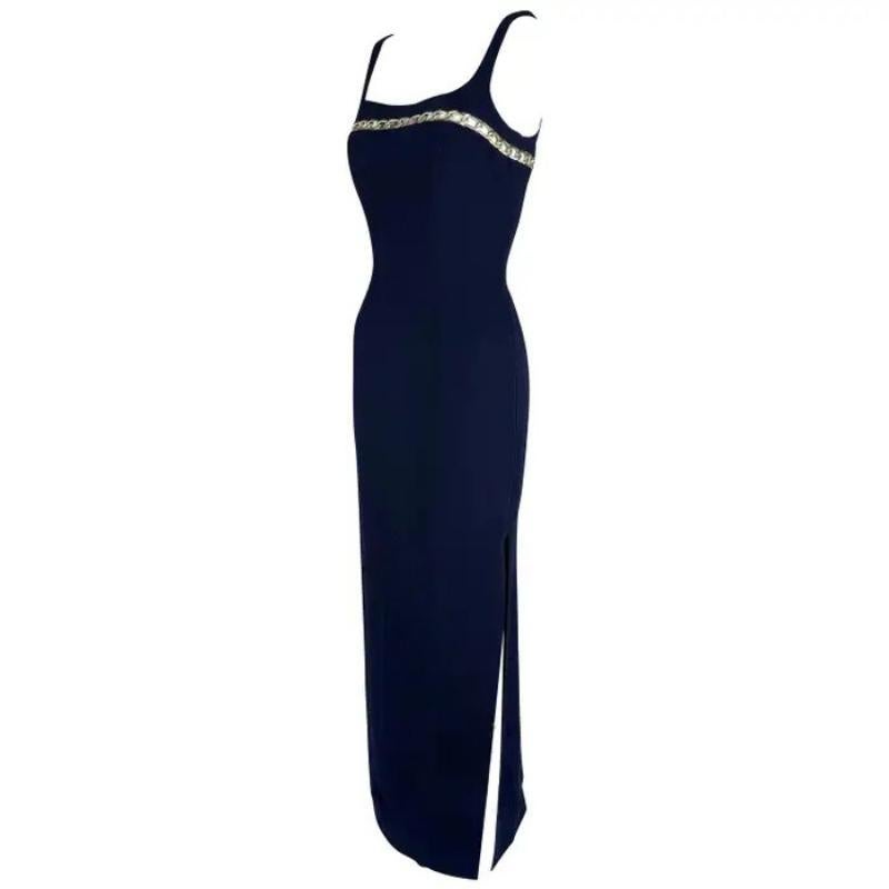 Croisière 1999 Thierry Mugler - Robe fendue avec chaînes argentées et découpes dans la marine en vente