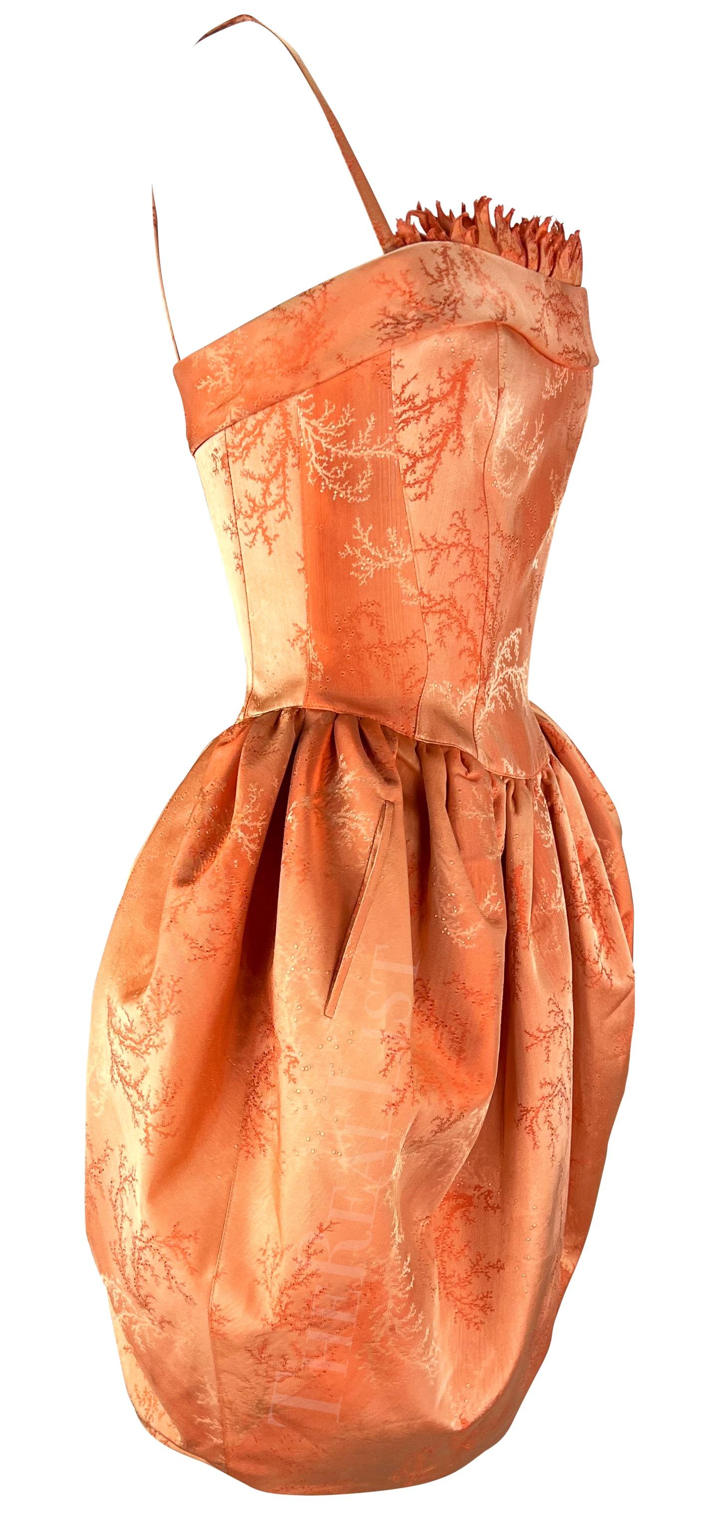 Cruise 1999 Thierry Mugler Orange Coral Jacquard Corset Boned Bubble Dress In Excellent Condition For Sale In West Hollywood, CA
