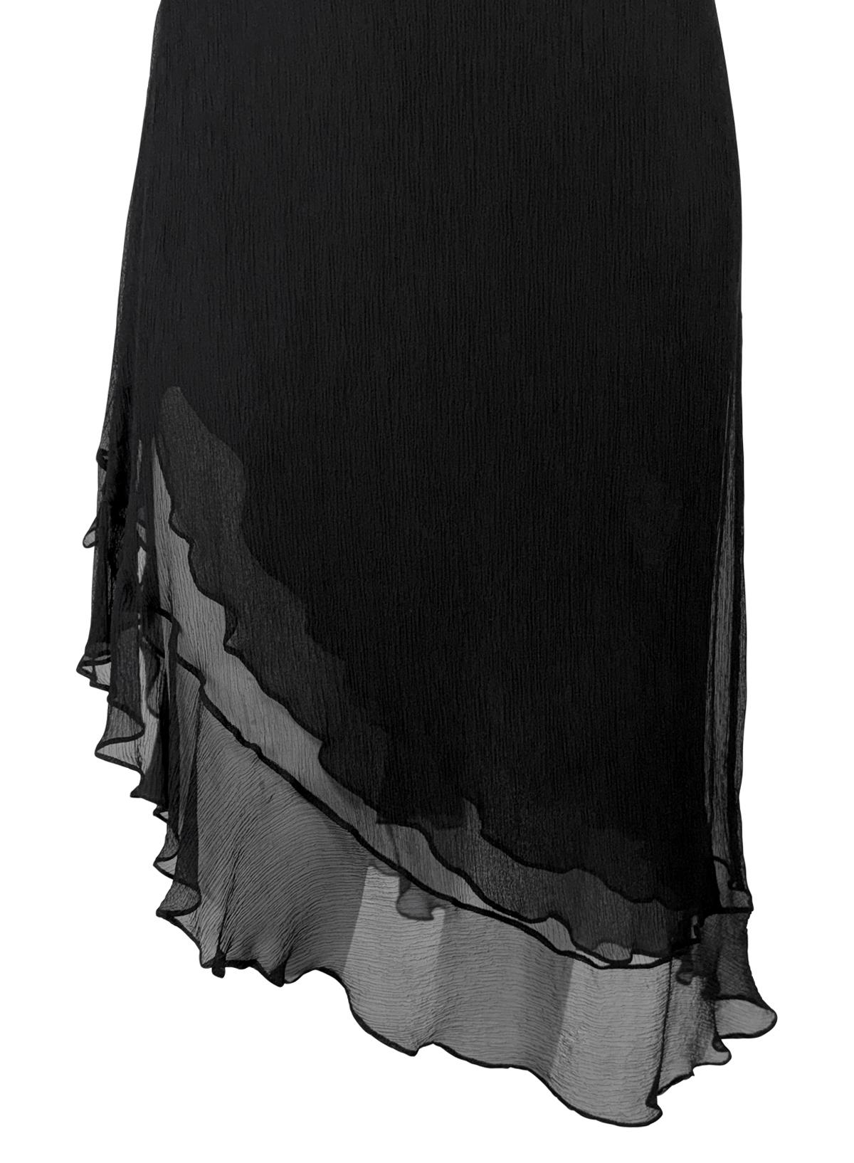 From Gucci’s Cruise 2000 collection by Tom Ford, this black crepe silk chiffon dress features a strapless silhouette and an asymmetric ruffle hem. The sleek, silhouette contrasts with flowing layers of chiffon to create a dynamic sense of