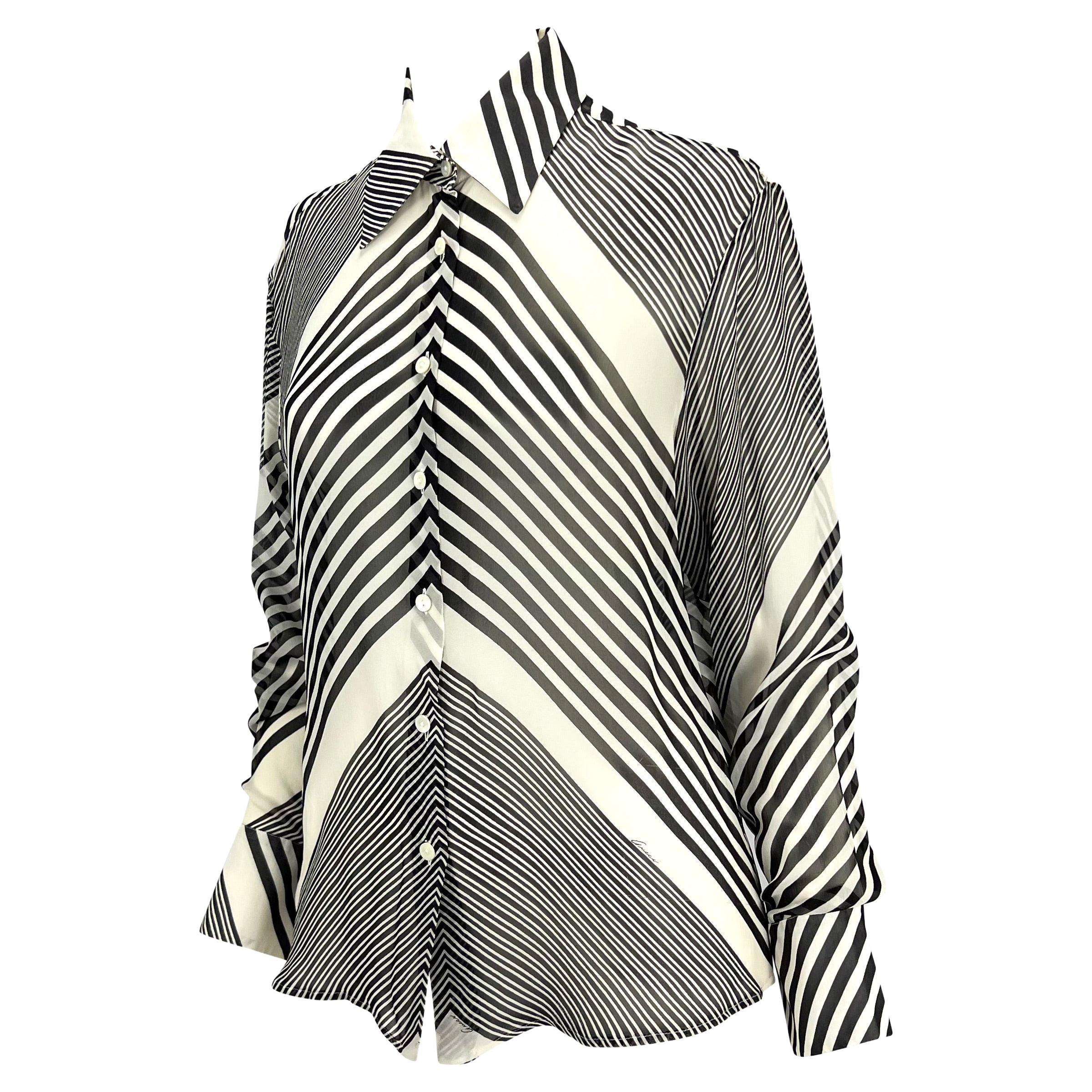 Cruise 2000 Gucci by Tom Ford Black White Stripe Sheer Button Up Top In Good Condition For Sale In West Hollywood, CA
