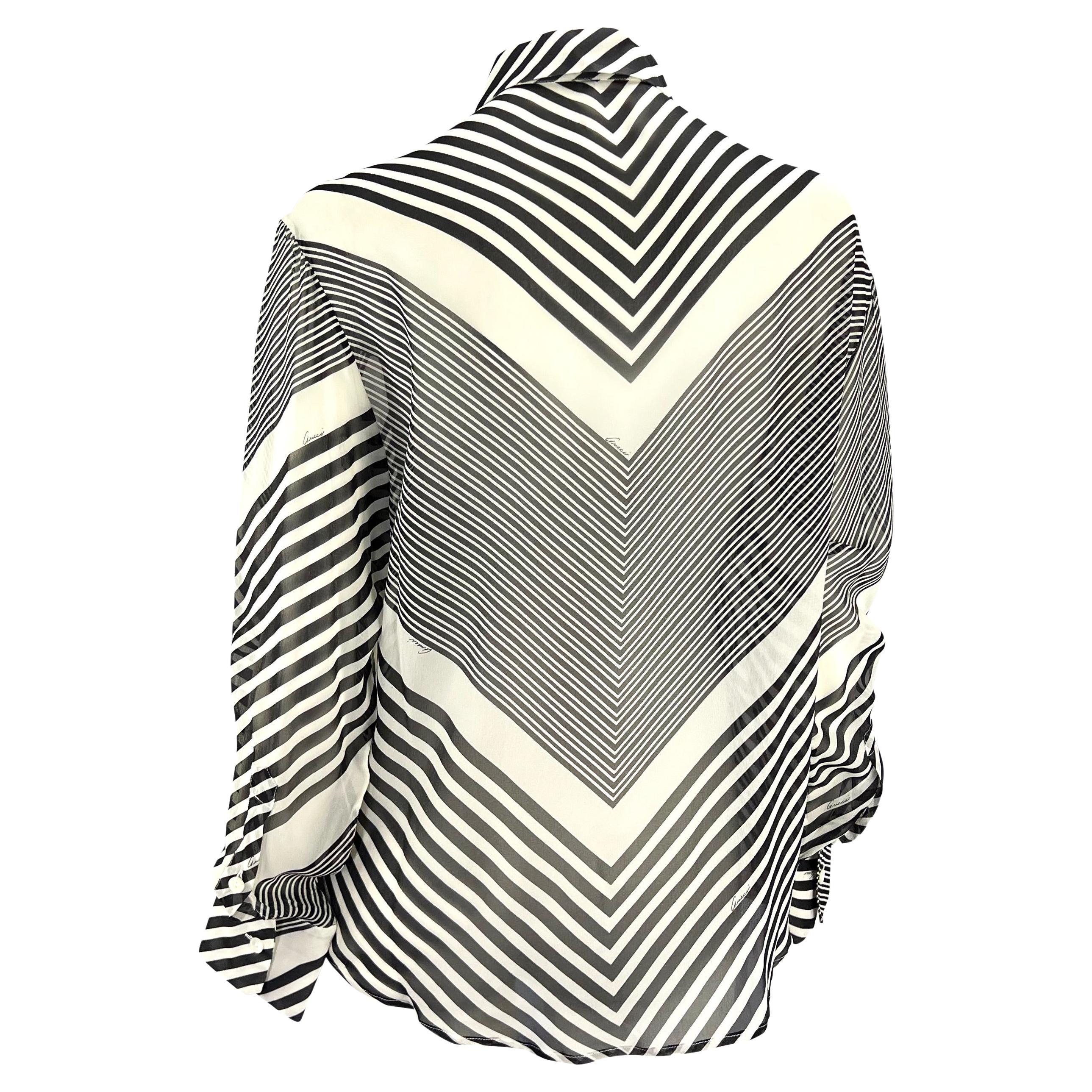 Cruise 2000 Gucci by Tom Ford Black White Stripe Sheer Button Up Top For Sale 2