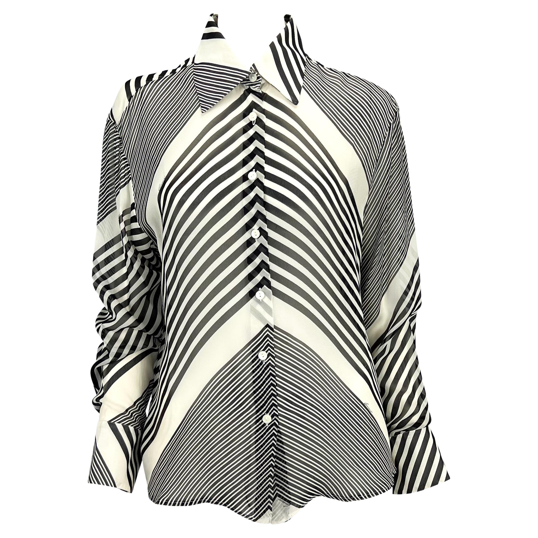 Cruise 2000 Gucci by Tom Ford Black White Stripe Sheer Button Up Top For Sale
