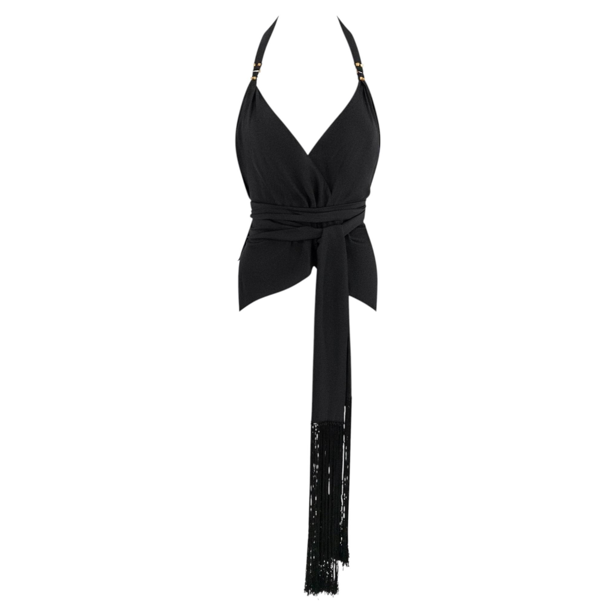 Cruise 2004 Gucci by Tom Ford – Schwarzes Seiden-Fransen-Tuch-Crop-Top IT42