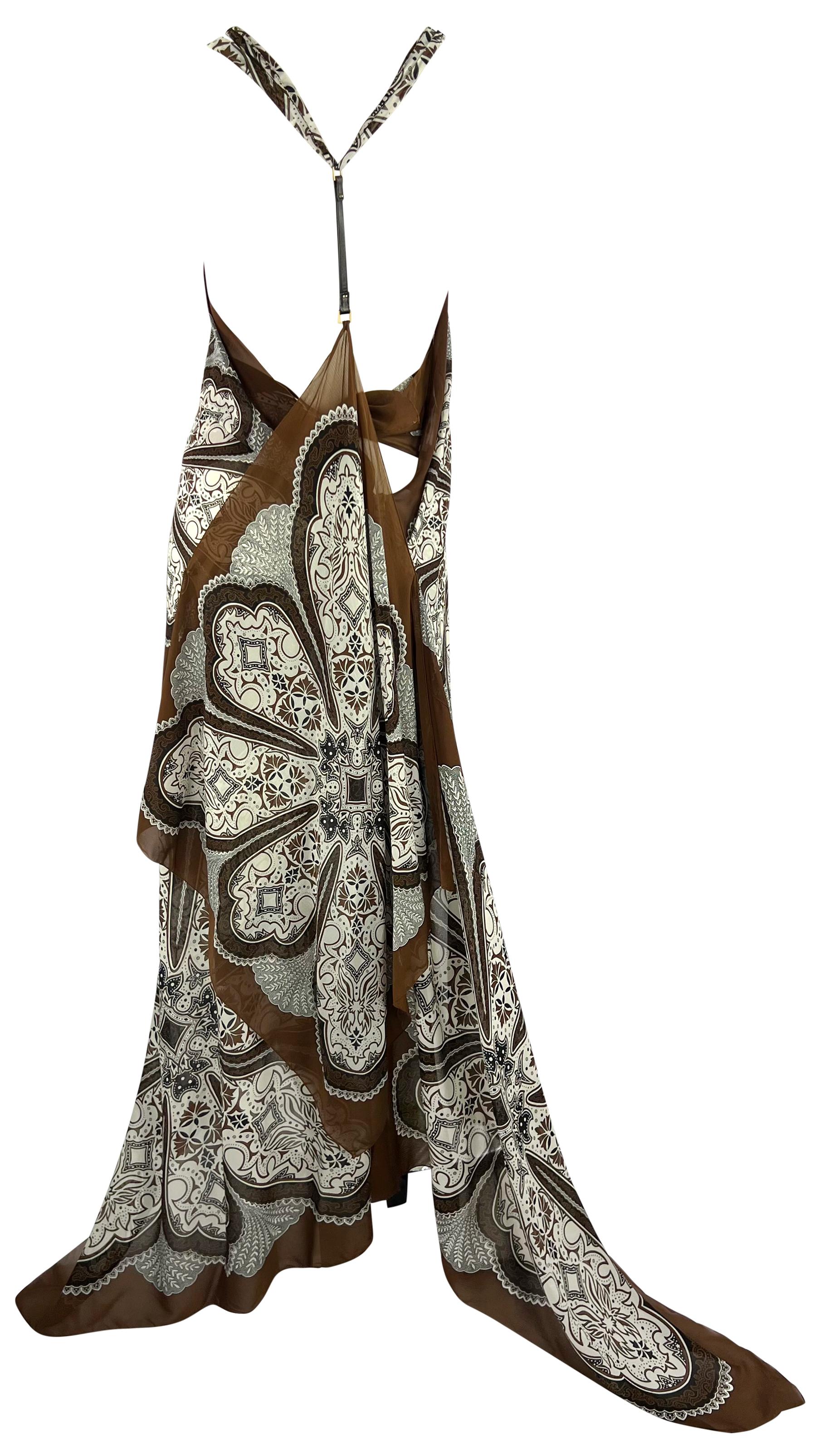 Cruise 2004 Gucci for Tom Ford Brown Paisley Seidenbandana Lederkleid im Angebot 3