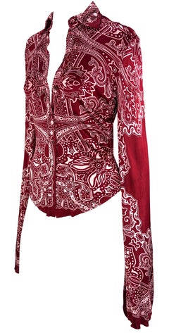 Cruise 2004 Gucci by Tom Ford Red Paisley Button Down Top Bell Sleeves