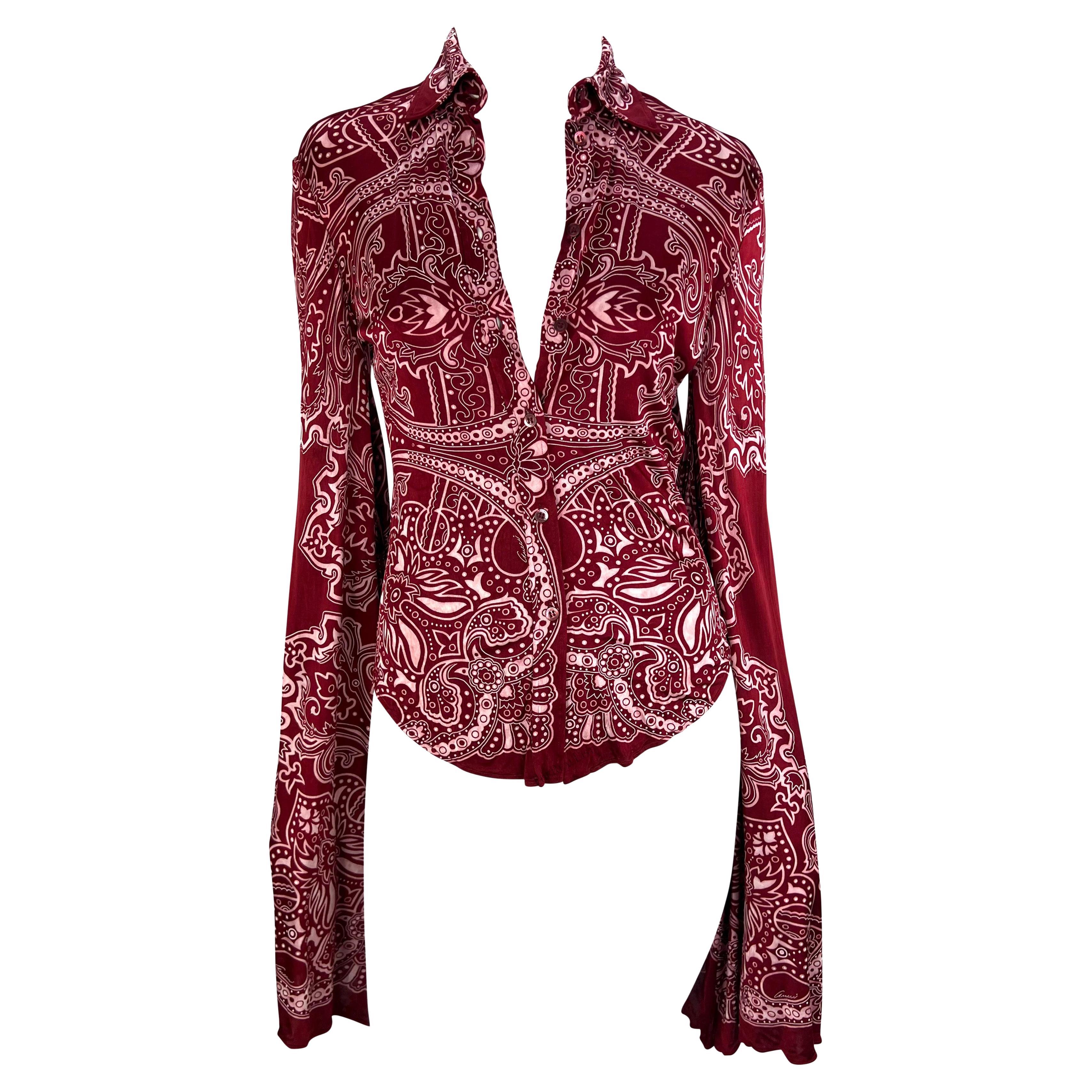 Cruise 2004 Gucci by Tom Ford Red Paisley Button Down Top Bell Sleeves