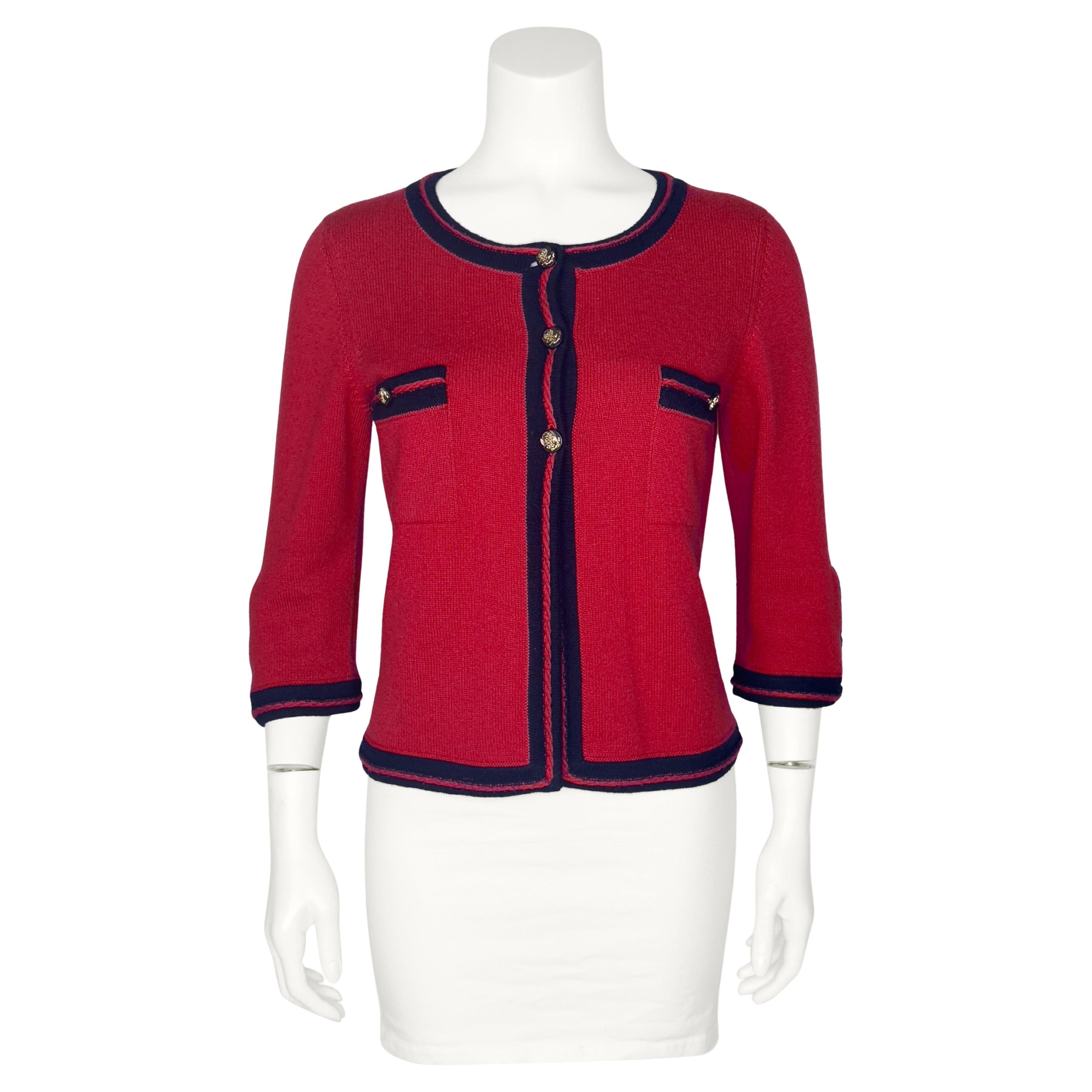 Cruise 2010 Chanel Red Cashmere Cropped Cardigan with Navy Blue Trim For Sale