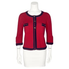Cruise 2010 Chanel Red Cashmere Cropped Cardigan with Navy Blue Trim