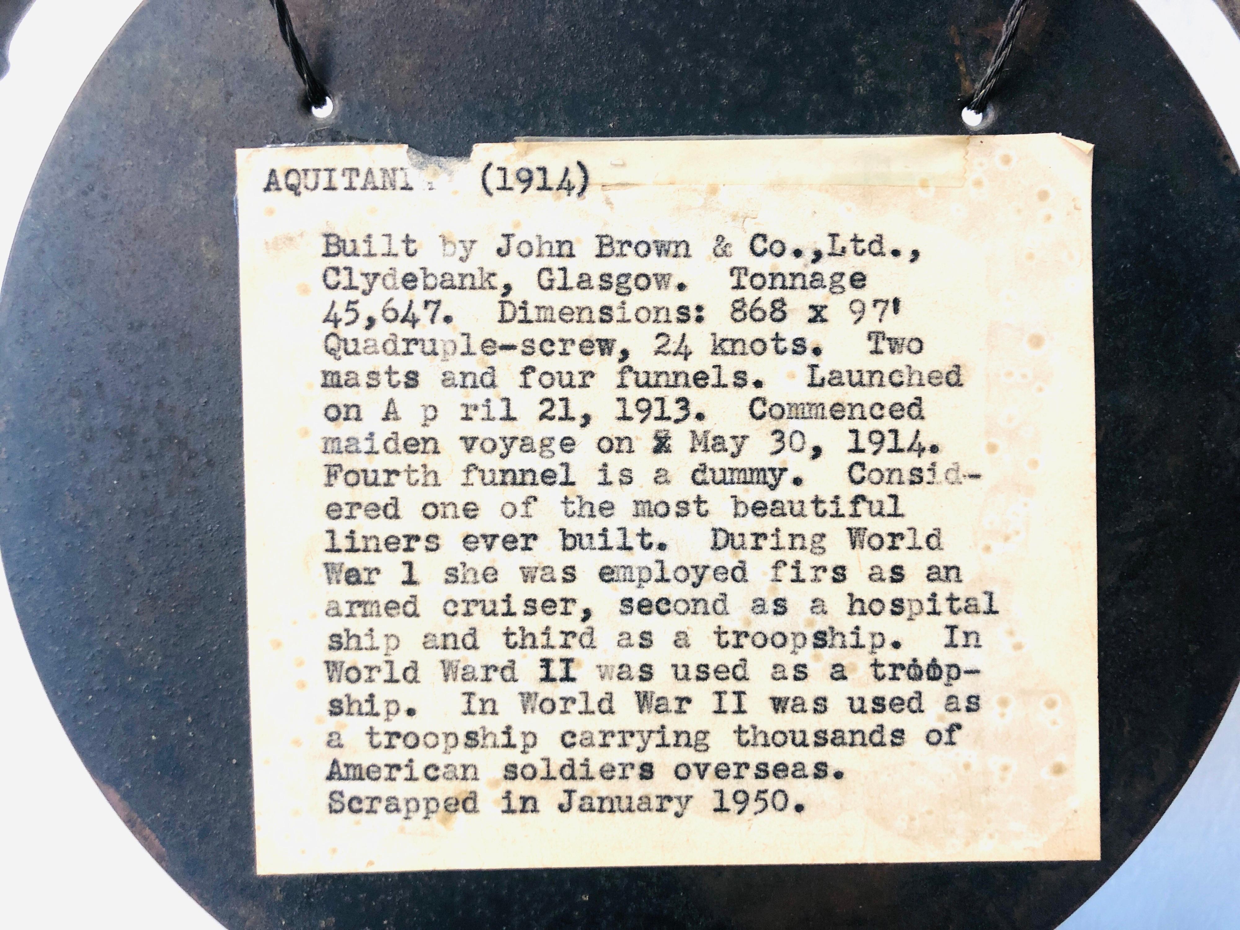 Le carillon de salle à manger du paquebot de croisière Cunard RMS Aquitania en vente 13