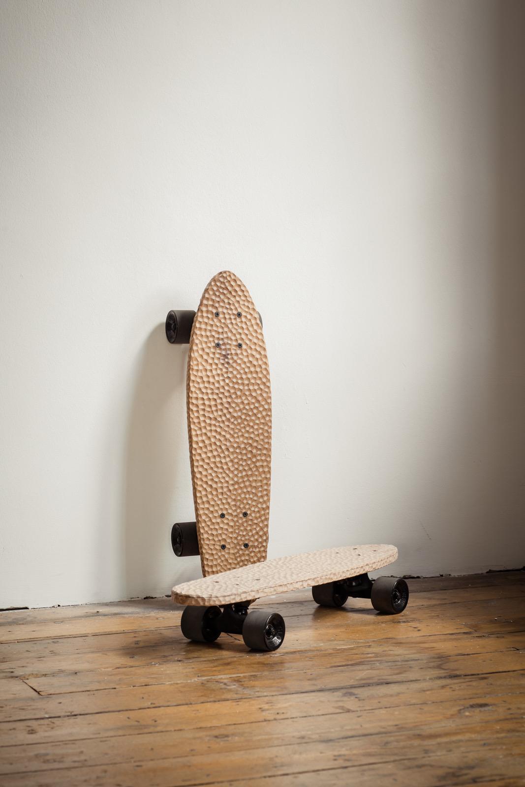 Hand textured cruiser skateboards made of cherry/walnut with globe trucks and wheels.

Materials: 
Cherry and walnut 

Dimensions: 
13 cm x 55 cm x 10 cm
5