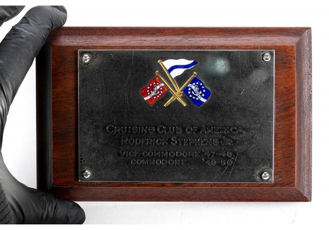 An important historical enameled silver plaque commemorating sailing achievements earned by the master American sailor and designer Roderick Stephens, Jr. (1909-1995). Mr. Stephens was a renowned yachtsman of the twentieth century. Born in New York
