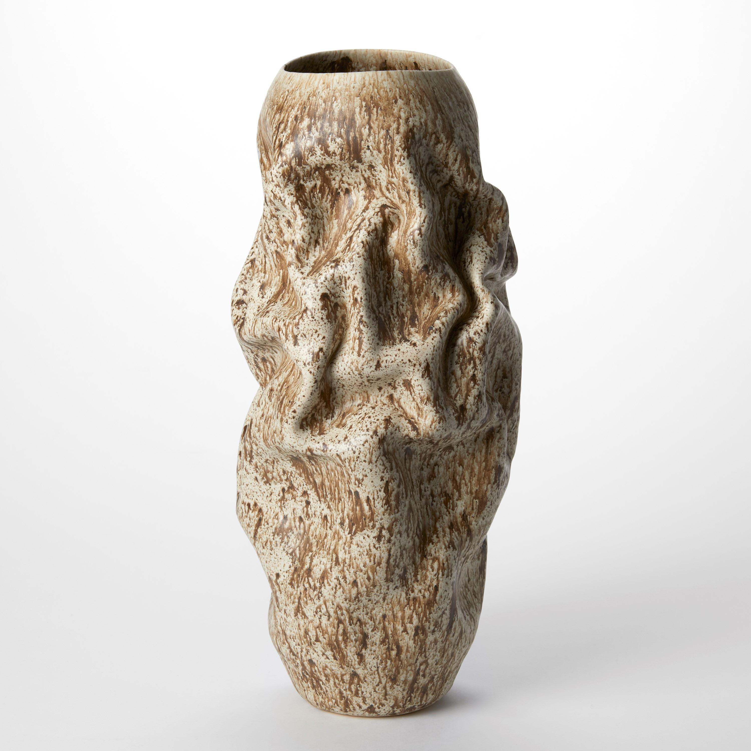 Organic Modern Crumpled Form with Cream Speckled Glaze No 130 by Nicholas Arroyave-Portela For Sale