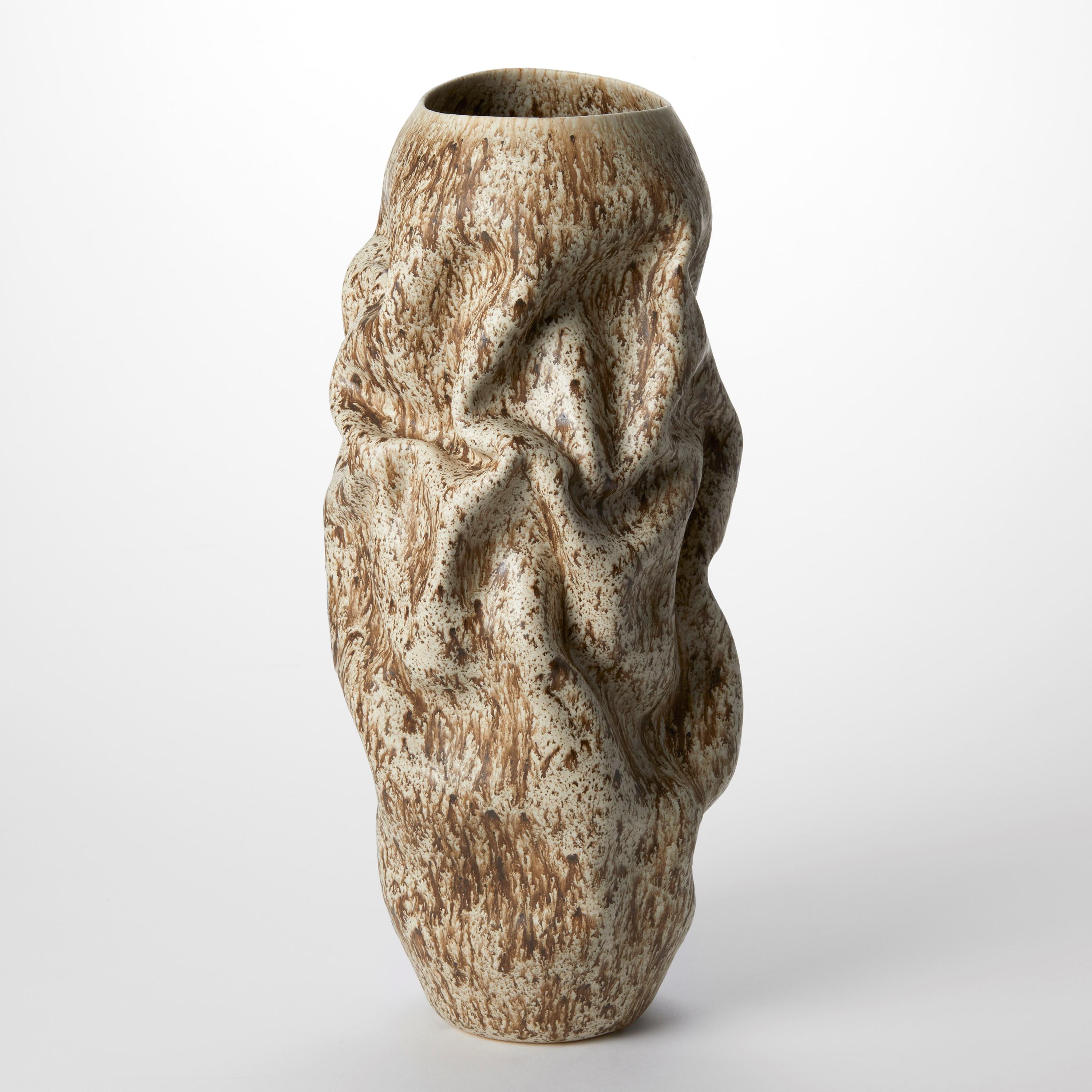 Hand-Crafted Crumpled Form with Cream Speckled Glaze No 130 by Nicholas Arroyave-Portela For Sale