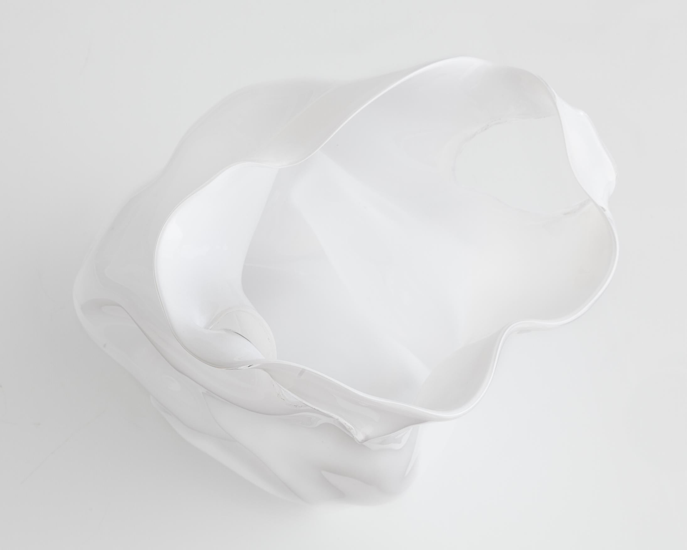 Modern Crumpled Sculptural Vessel in White Hand Blown Glass by Jeff Zimmerman