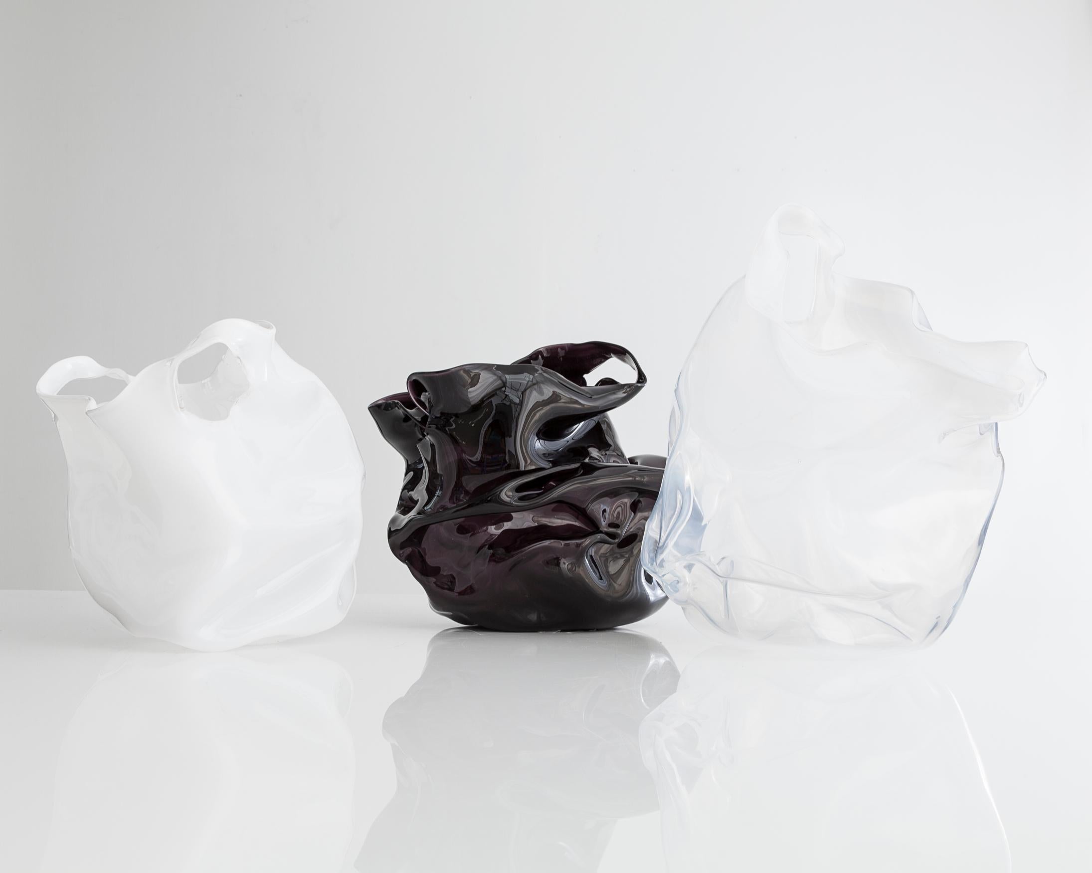 American Crumpled Sculptural Vessel in White Hand Blown Glass by Jeff Zimmerman