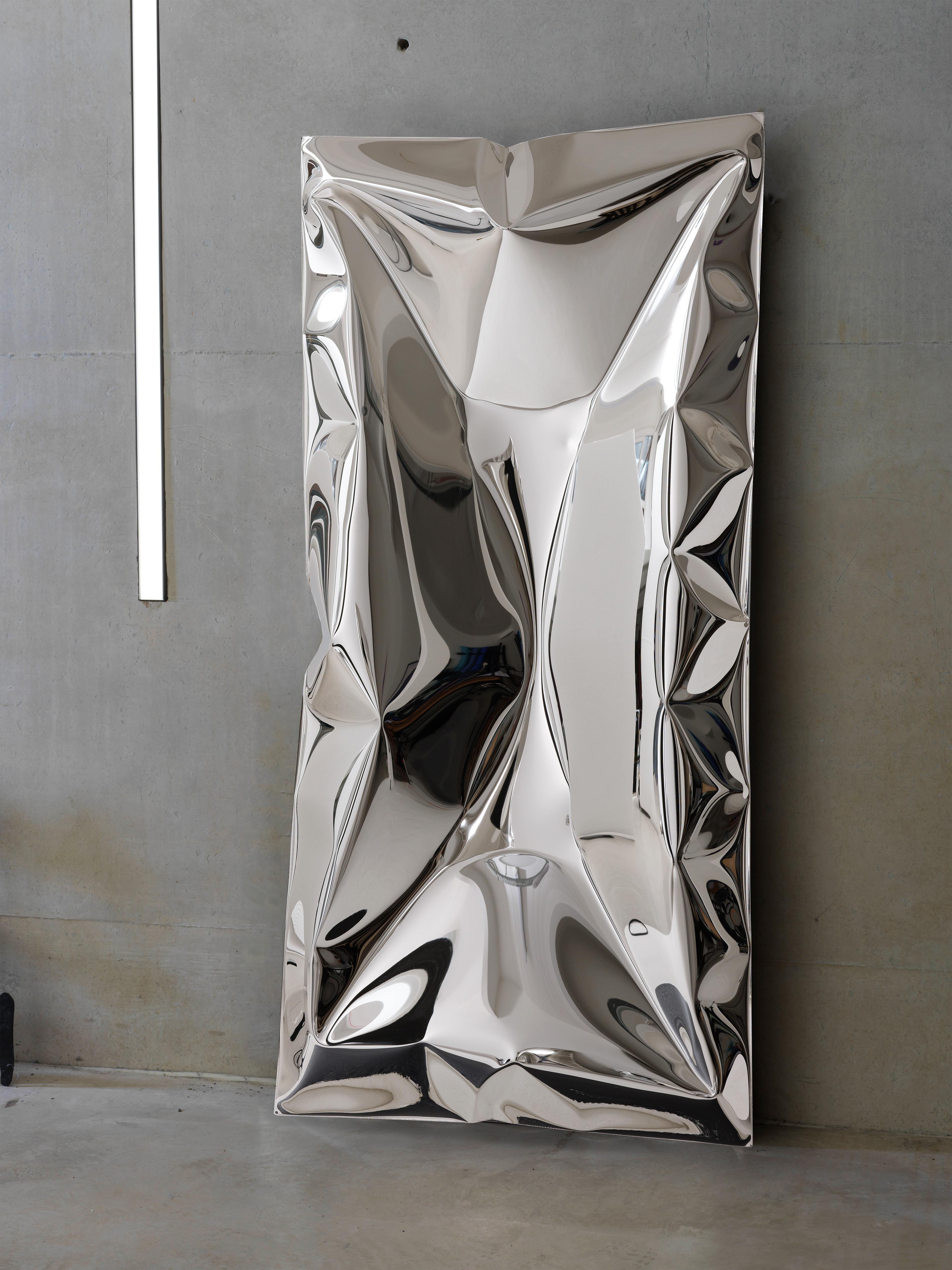 Modern 'Crush' inflated metal wall art large, stainless steel