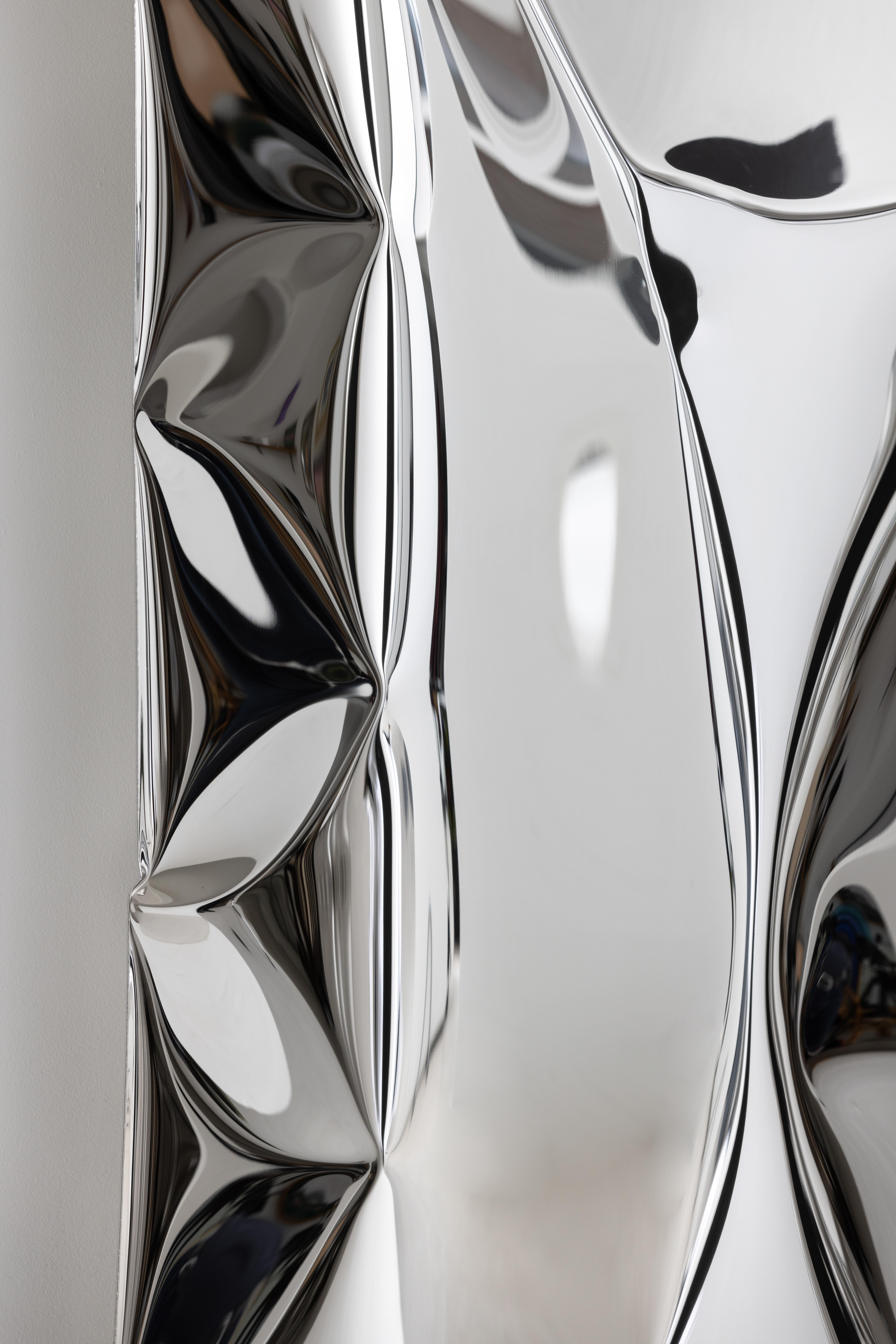 Polished 'Crush' inflated metal wall art large, stainless steel